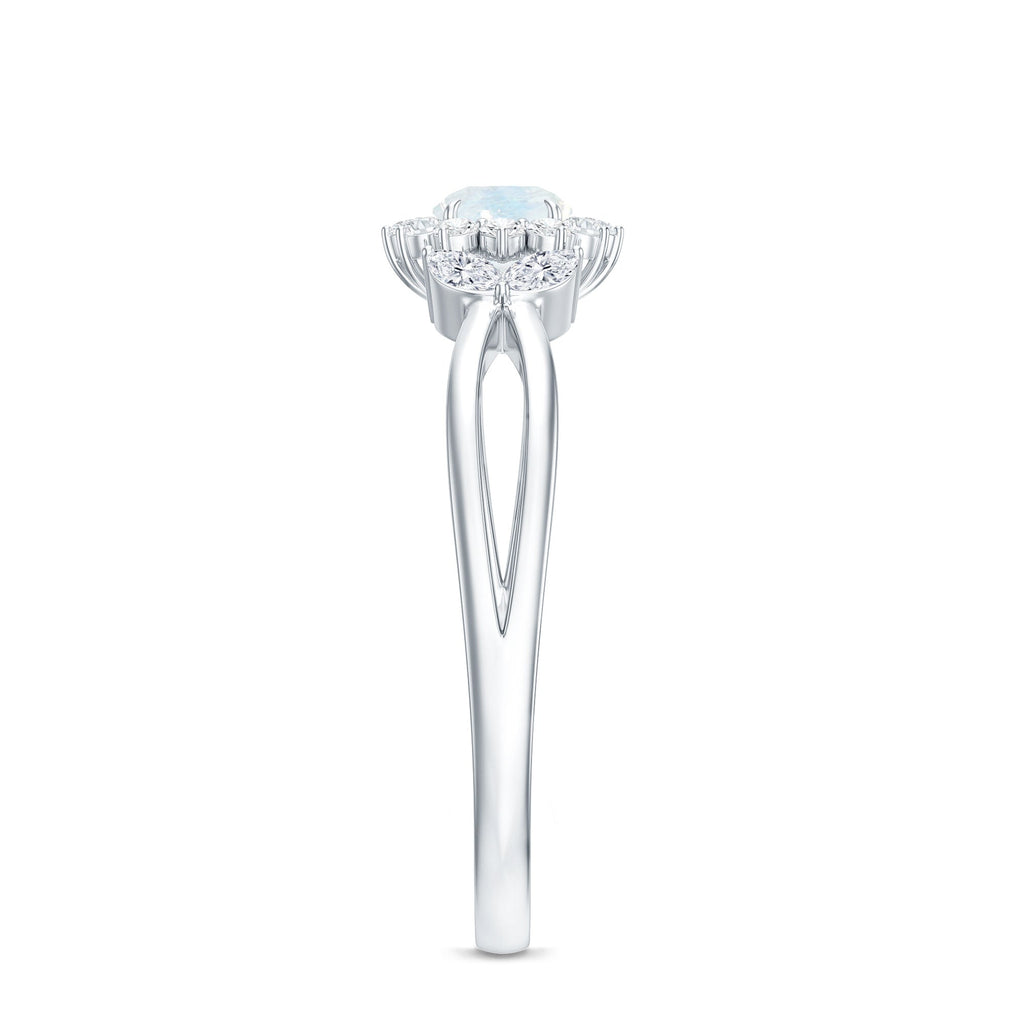 Real Moonstone and Diamond Flower Engagement Ring with Split Shank