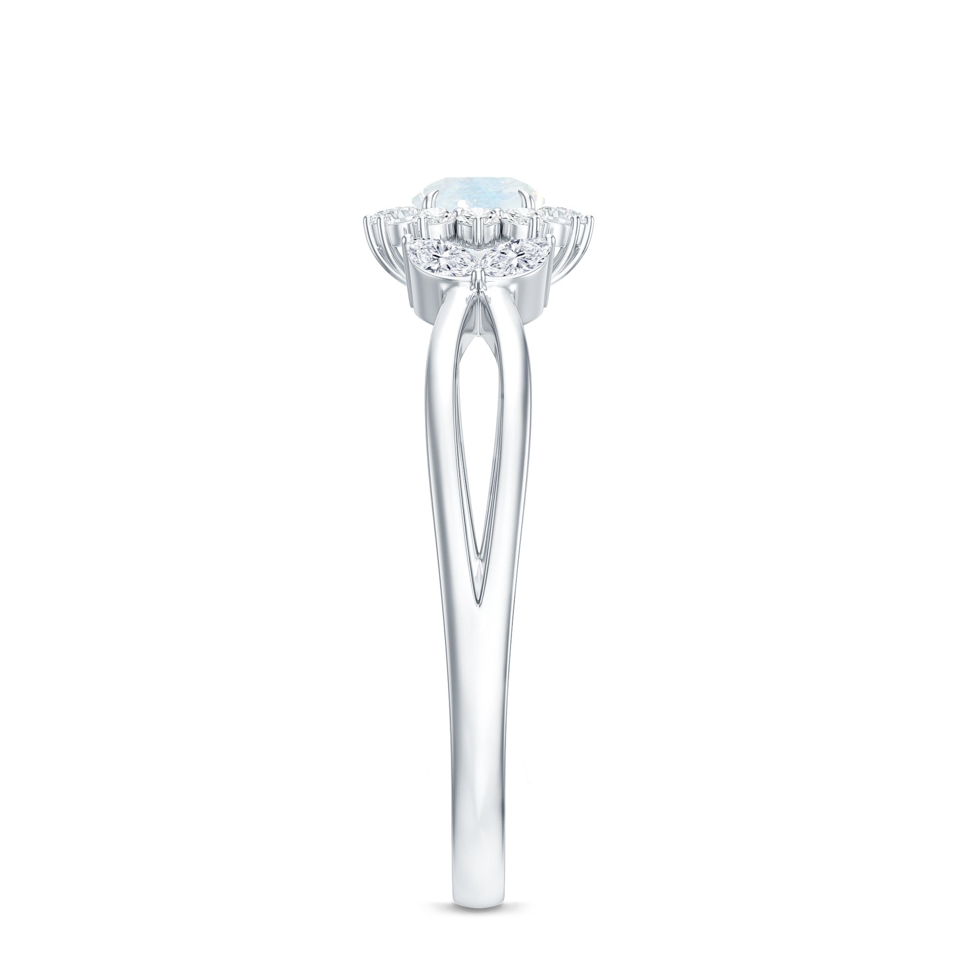 Real Moonstone and Diamond Flower Engagement Ring with Split Shank