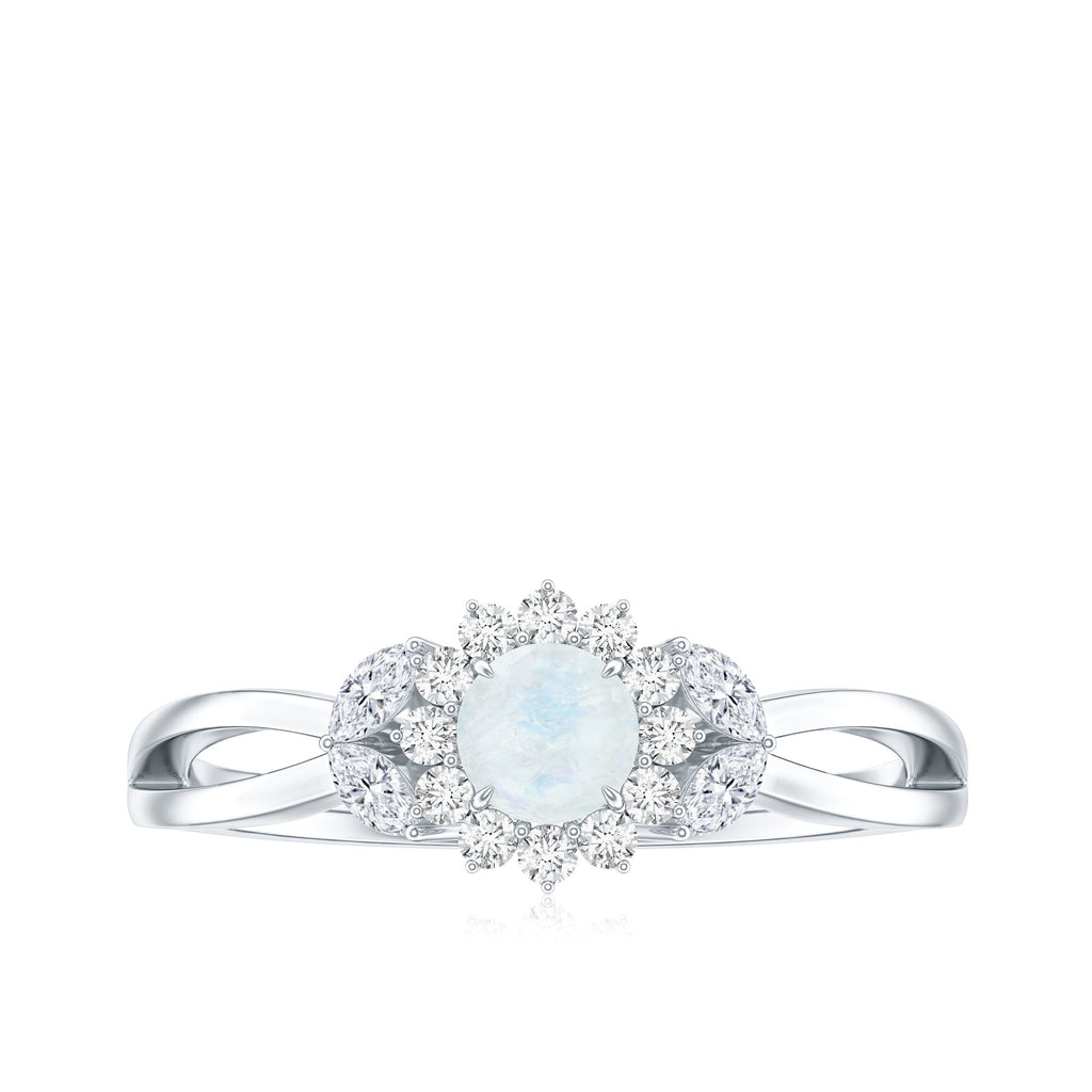 Real Moonstone and Diamond Flower Engagement Ring with Split Shank