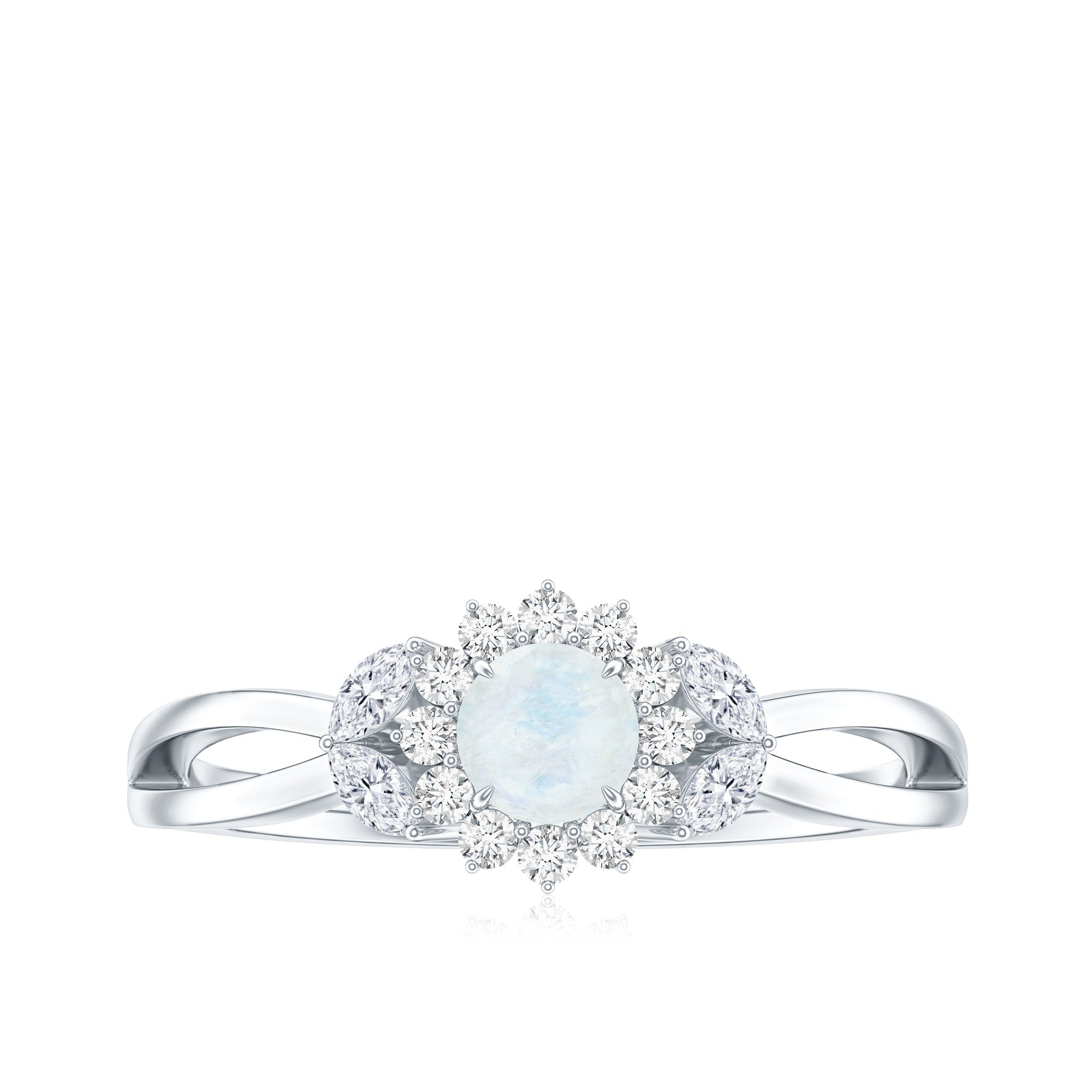 Real Moonstone and Diamond Flower Engagement Ring with Split Shank