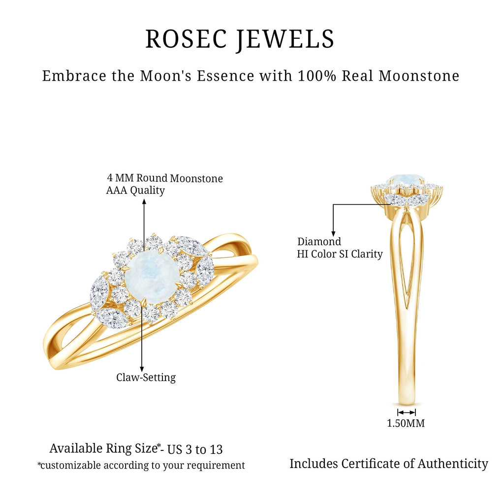 Real Moonstone and Diamond Flower Engagement Ring with Split Shank