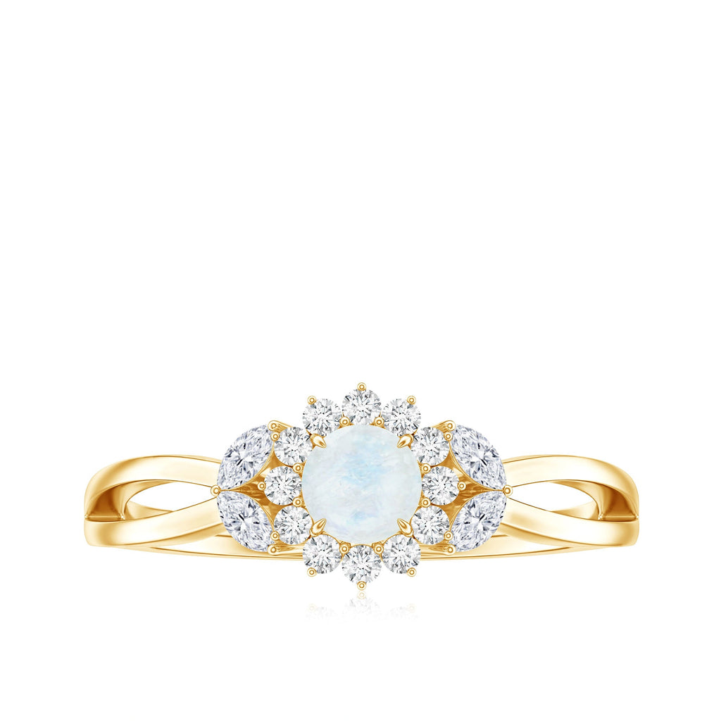 Real Moonstone and Diamond Flower Engagement Ring with Split Shank