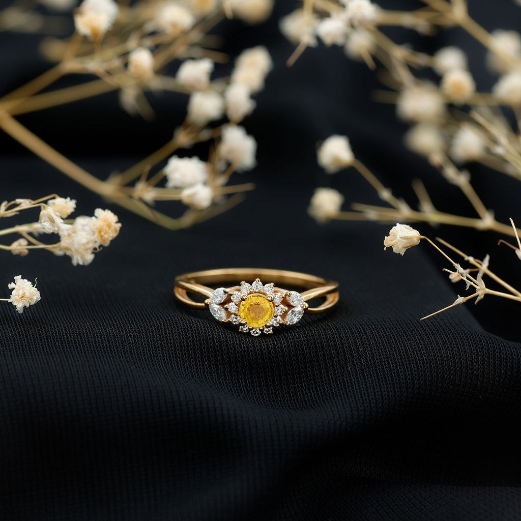 Real Yellow Sapphire Flower Engagement Ring with Diamond