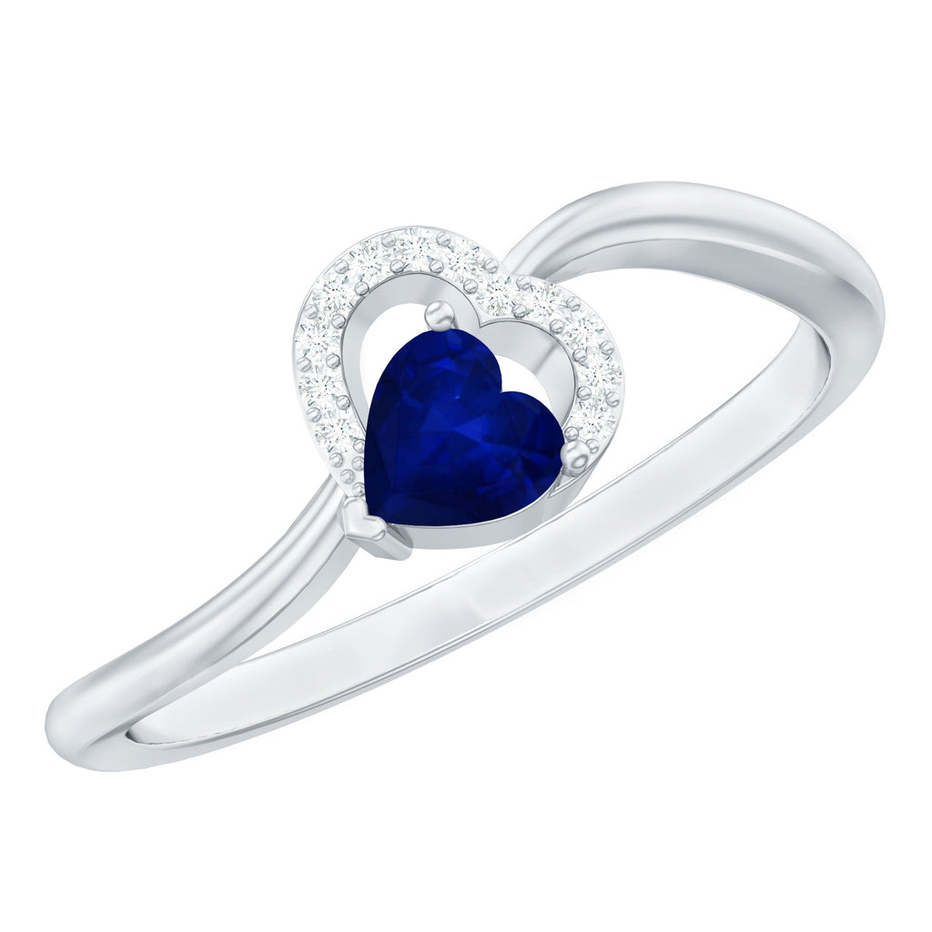 Real Heart Shape Blue Sapphire Diamond Promise Ring for Women