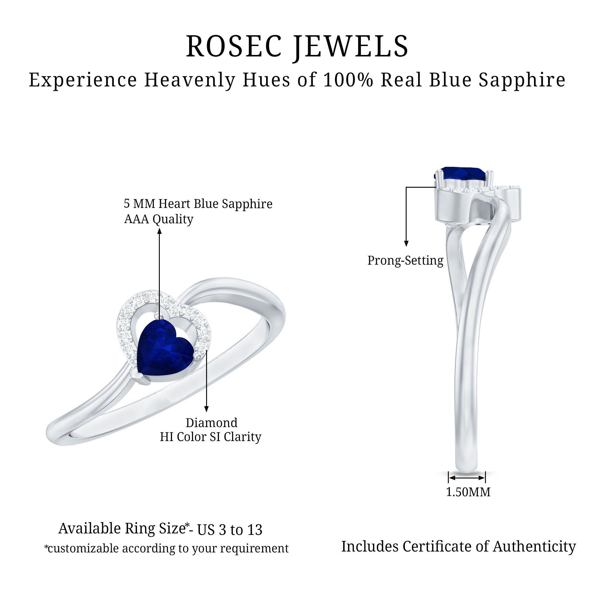 Real Heart Shape Blue Sapphire Diamond Promise Ring for Women