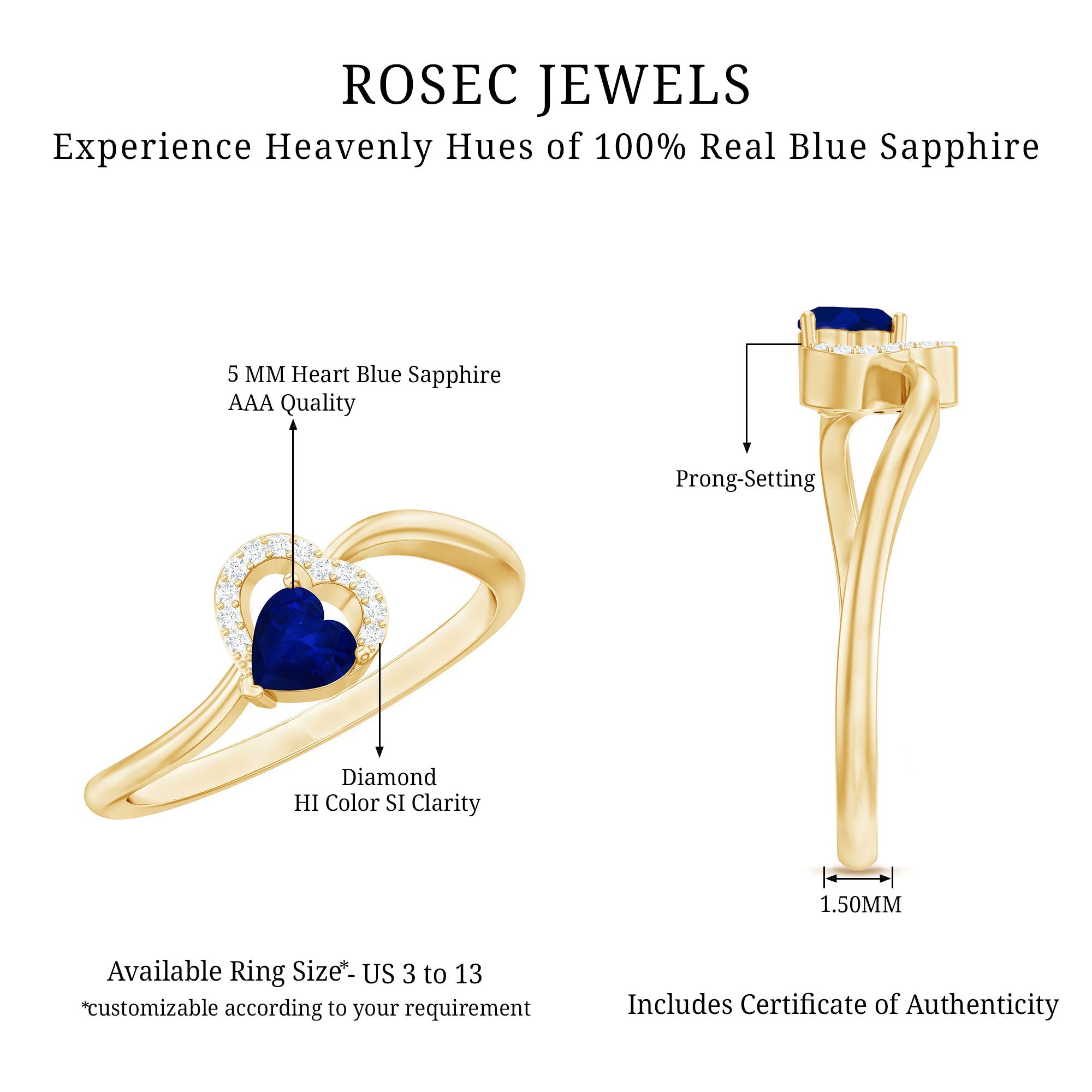 Real Heart Shape Blue Sapphire Diamond Promise Ring for Women