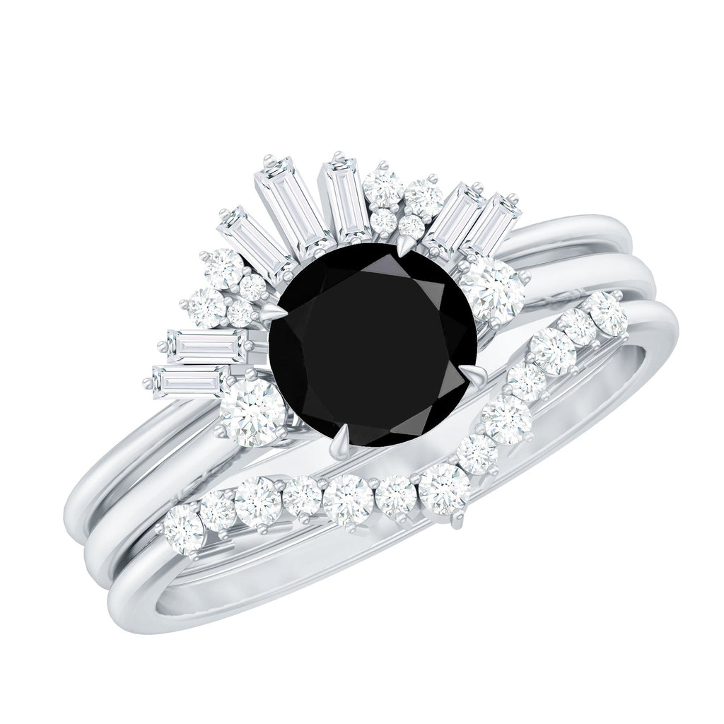 Vintage Looking Black Spinel 3 Piece Bridal Ring Set with Moissanite