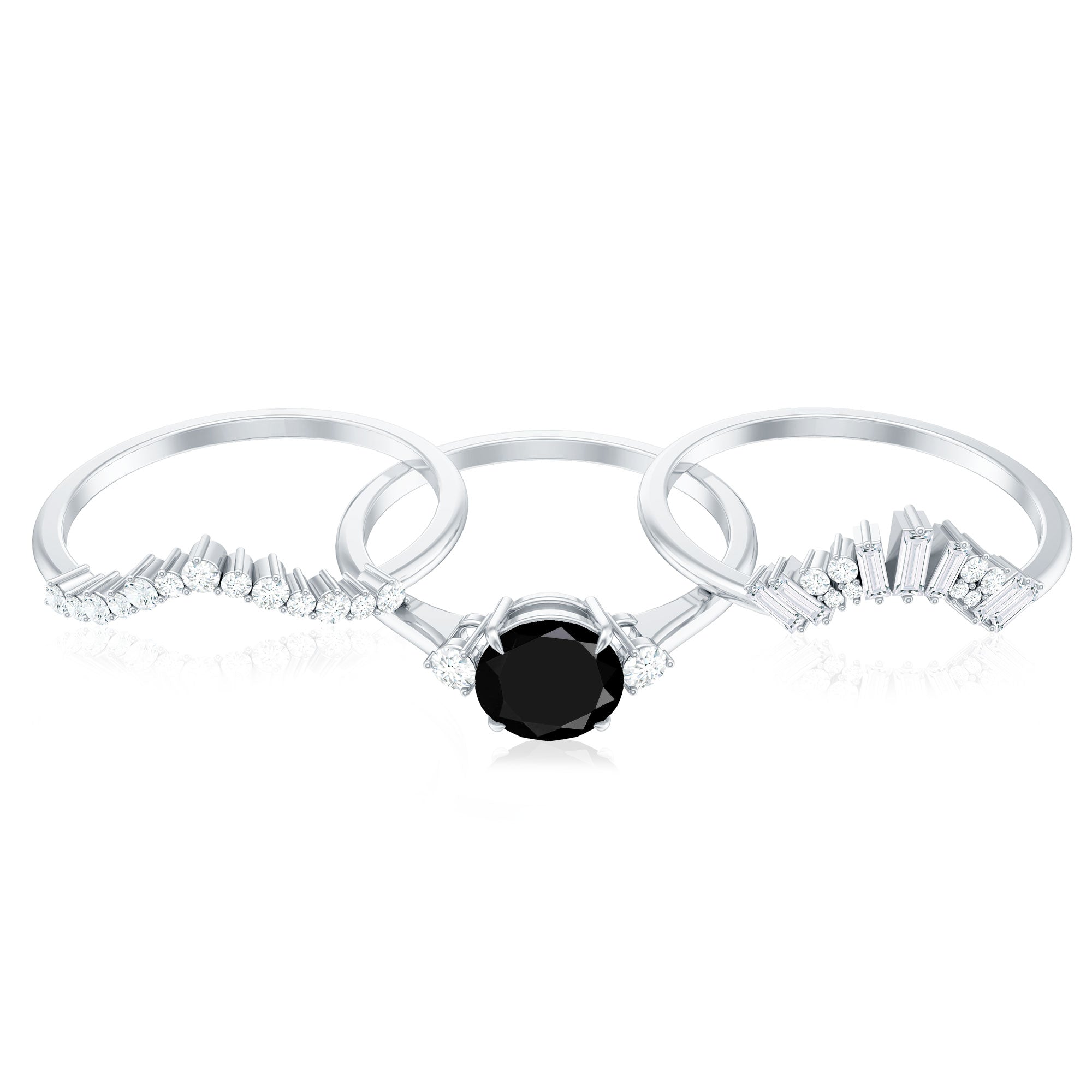 Vintage Looking Black Spinel 3 Piece Bridal Ring Set with Moissanite