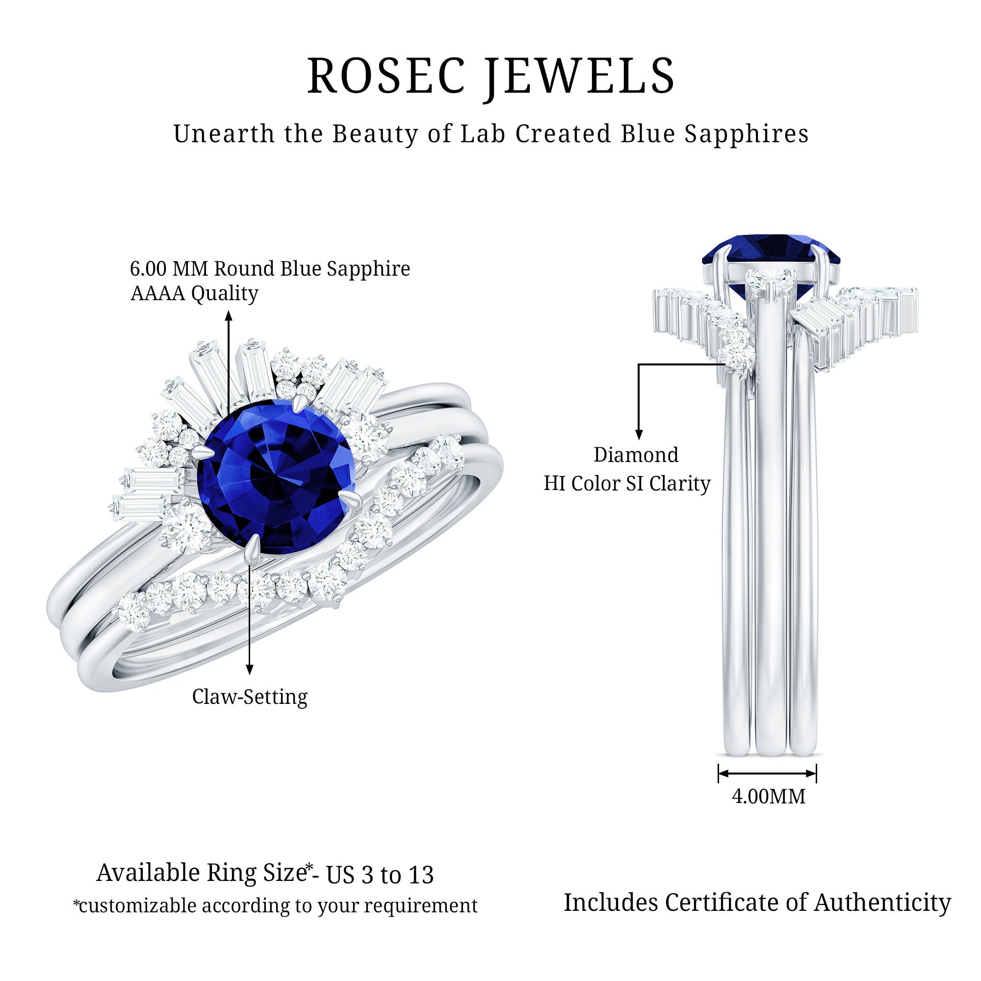 Certified Lab Grown Blue Sapphire 3 Piece Bridal Ring Set with Diamond