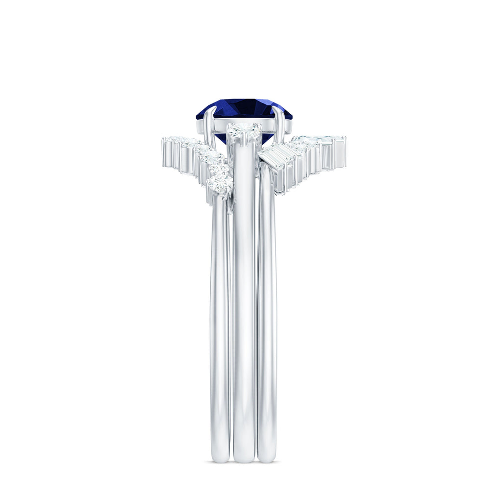 Certified Lab Grown Blue Sapphire 3 Piece Bridal Ring Set with Diamond