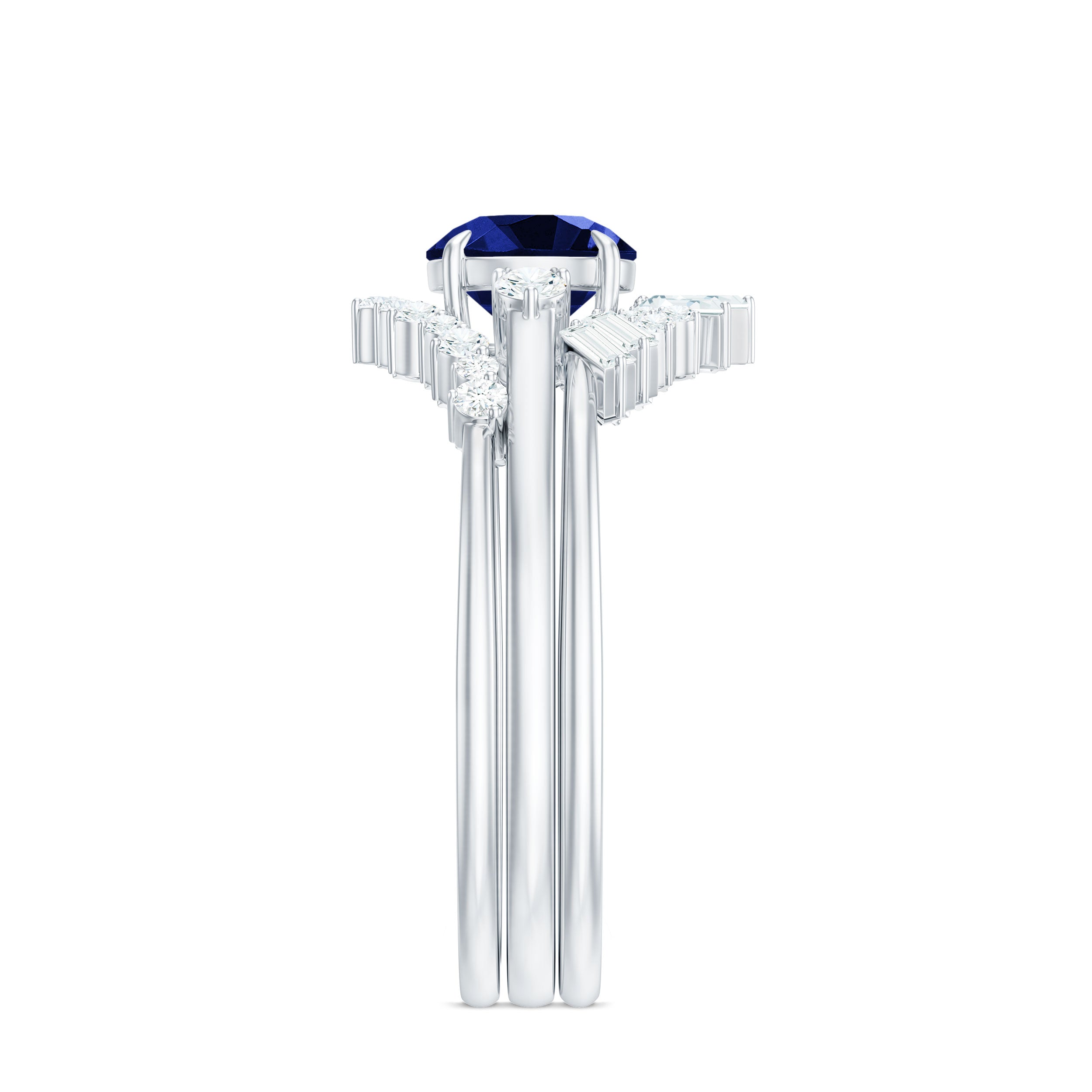 Certified Lab Grown Blue Sapphire 3 Piece Bridal Ring Set with Diamond