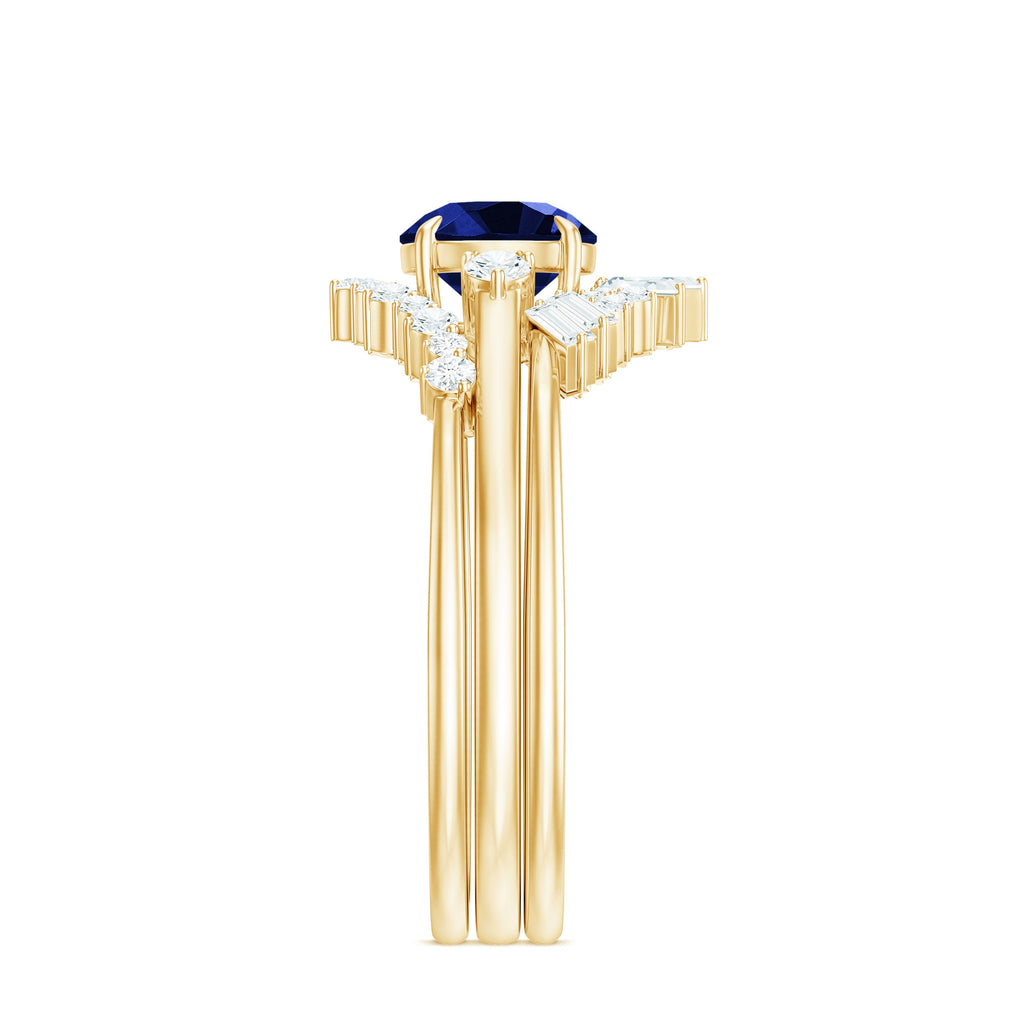 Certified Lab Grown Blue Sapphire 3 Piece Bridal Ring Set with Diamond