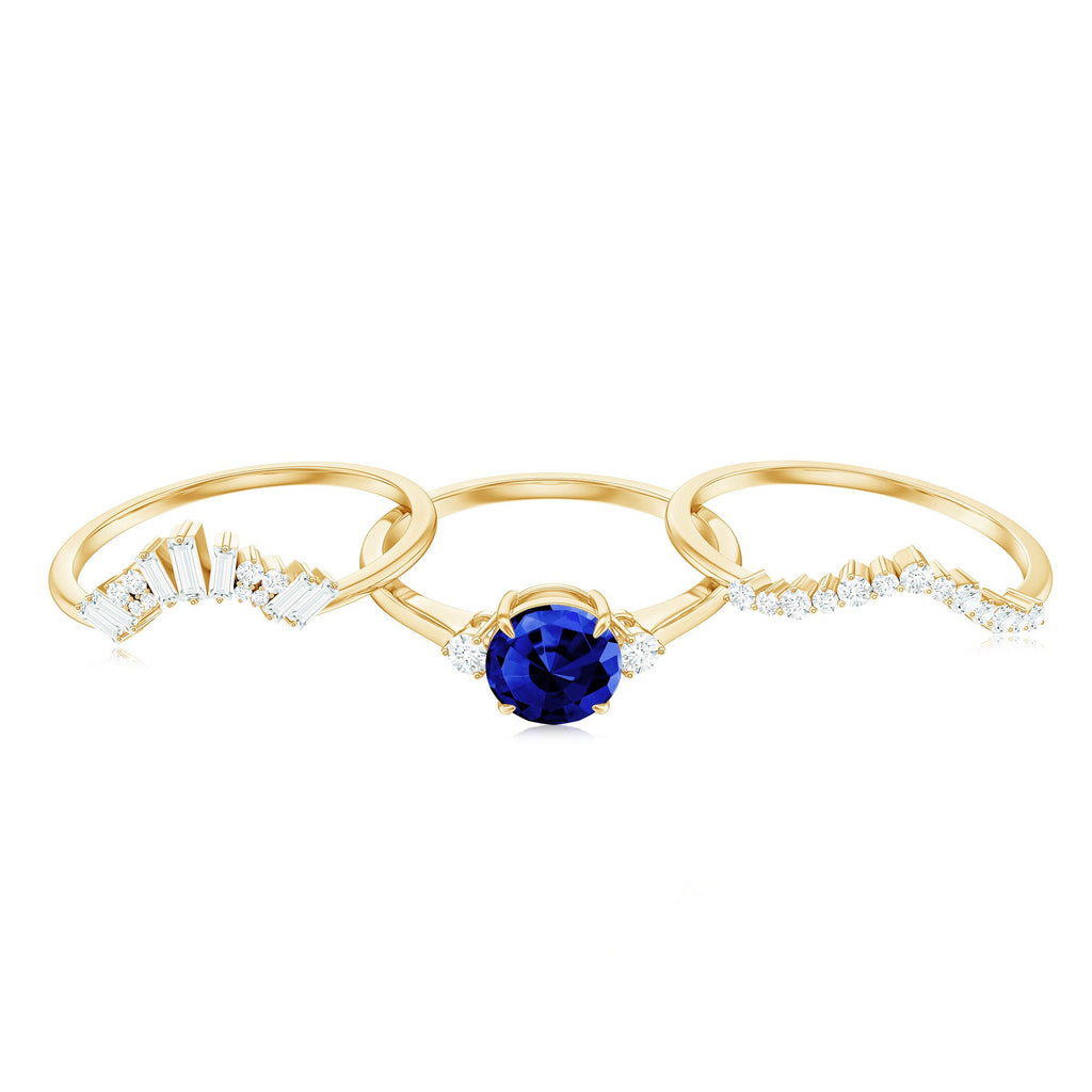 Certified Lab Grown Blue Sapphire 3 Piece Bridal Ring Set with Diamond