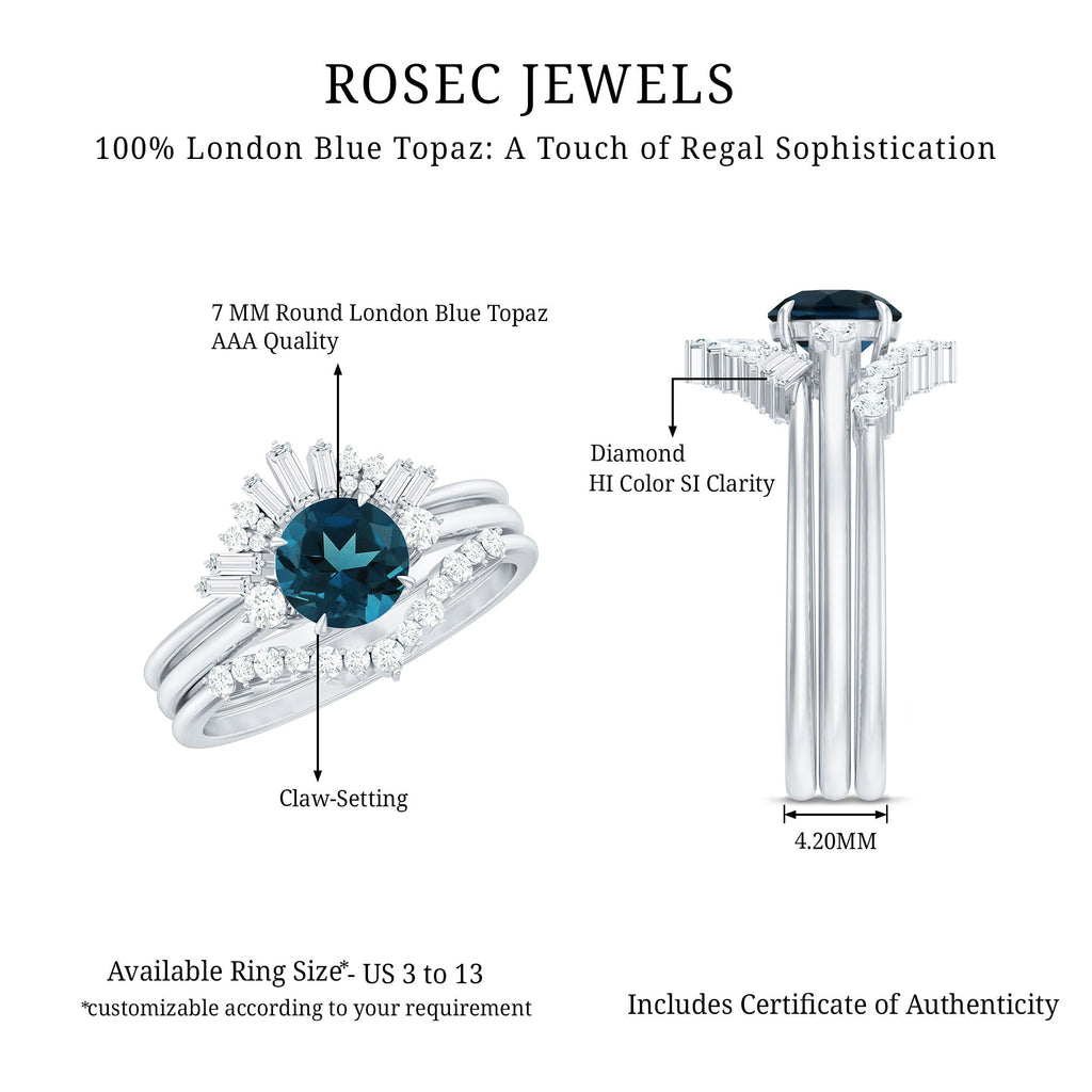 Vintage Inspired London Blue Topaz and Diamond Trio Wedding Ring Set