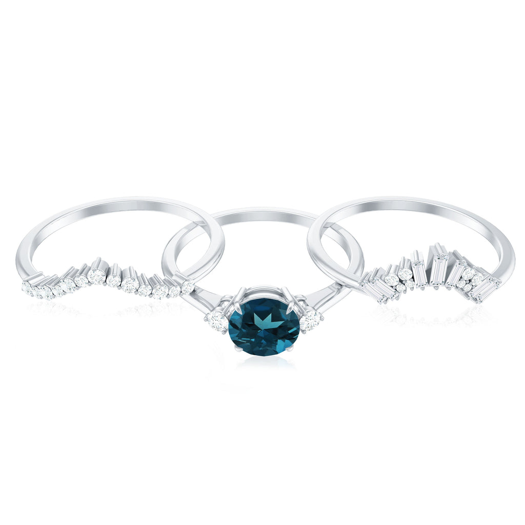 Vintage Inspired London Blue Topaz and Diamond Trio Wedding Ring Set
