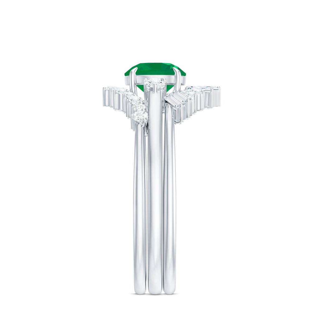 Vintage Inspired Emerald Diamond Wedding Bridal Ring Set of 3
