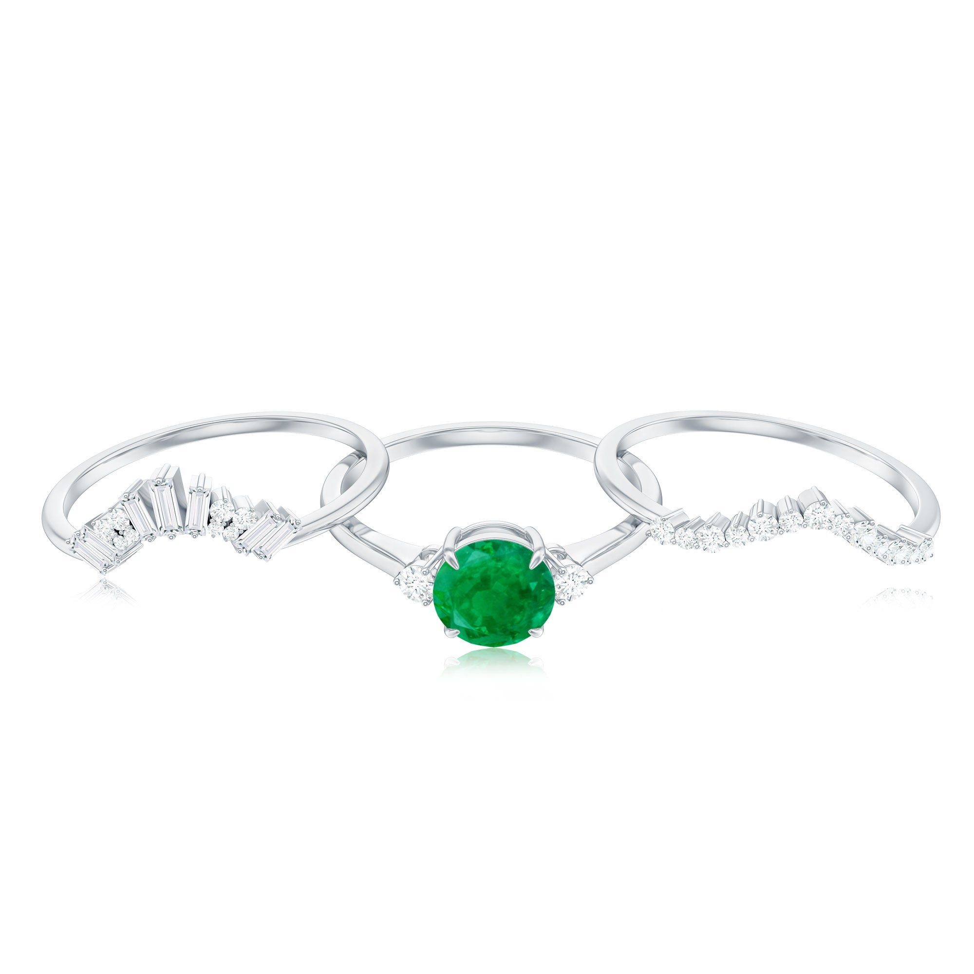 Vintage Inspired Emerald Diamond Wedding Bridal Ring Set of 3
