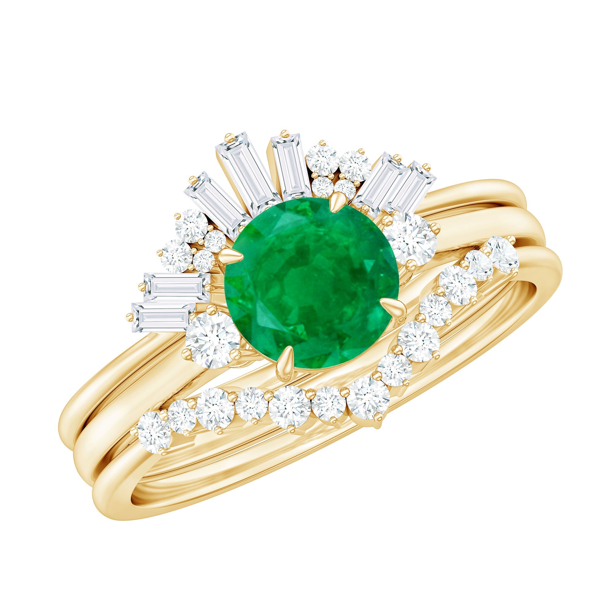 Vintage Inspired Emerald Diamond Wedding Bridal Ring Set of 3