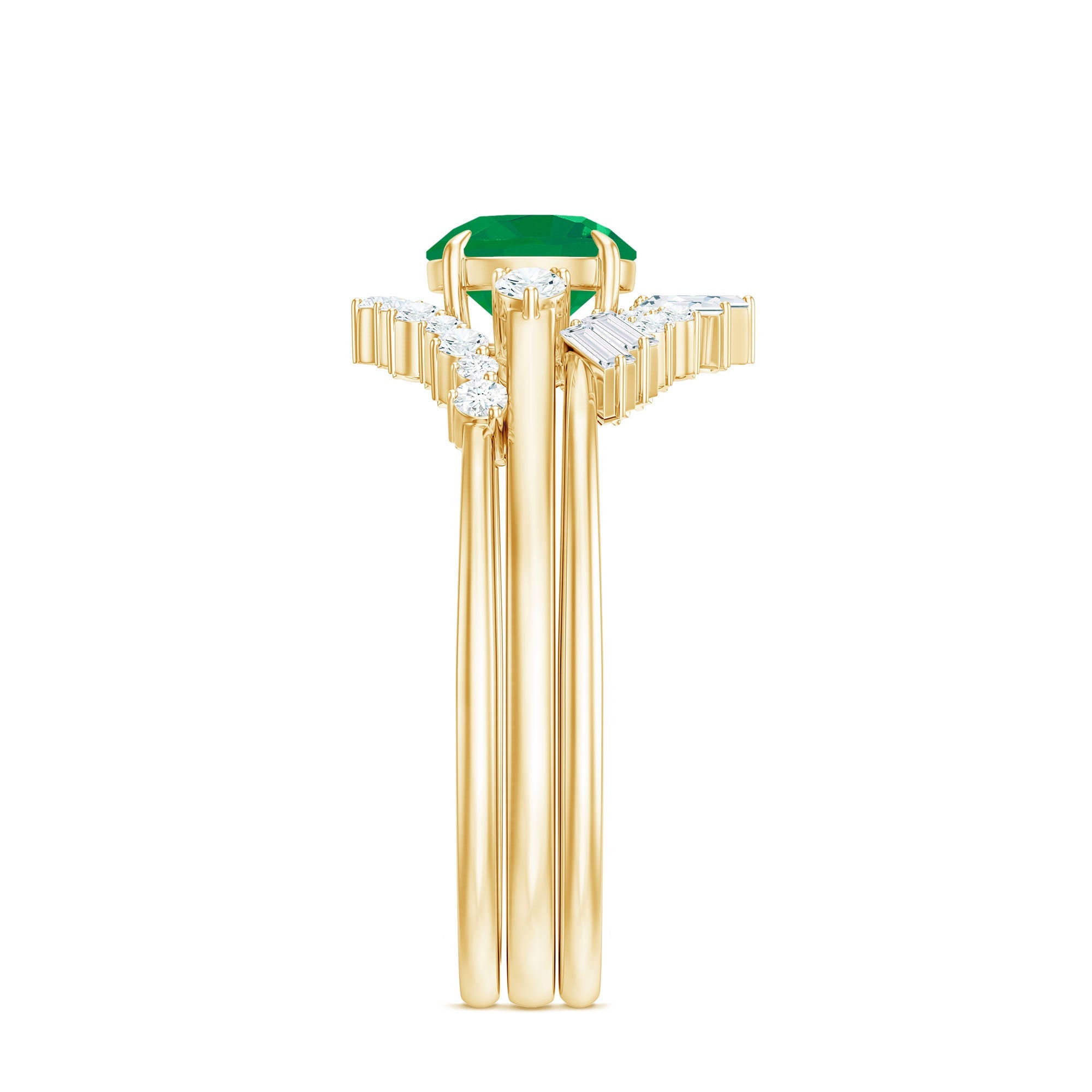 Vintage Inspired Emerald Diamond Wedding Bridal Ring Set of 3