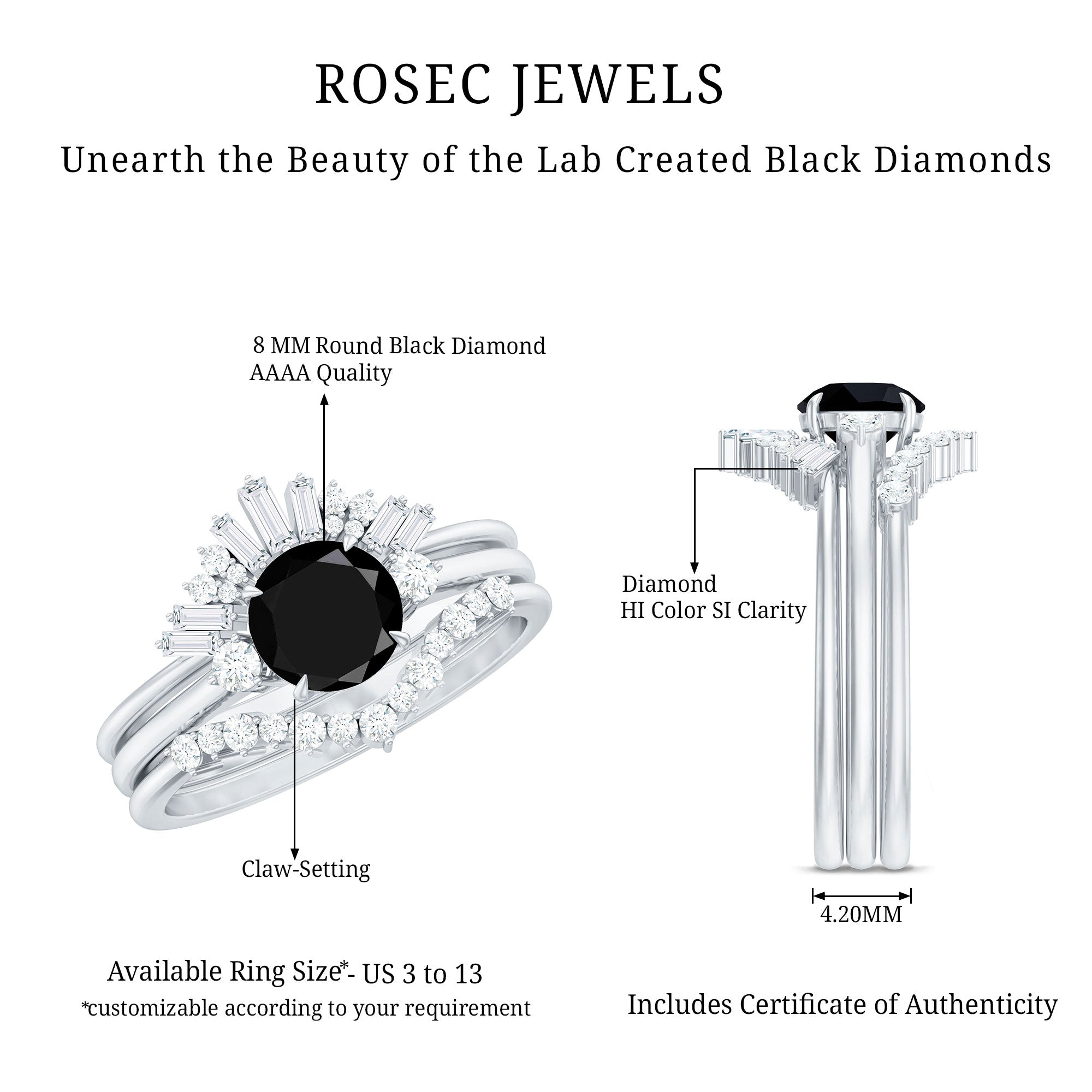 Certified 2 Carat Lab Grown Black and White Diamond 3 Piece Bridal Ring Set