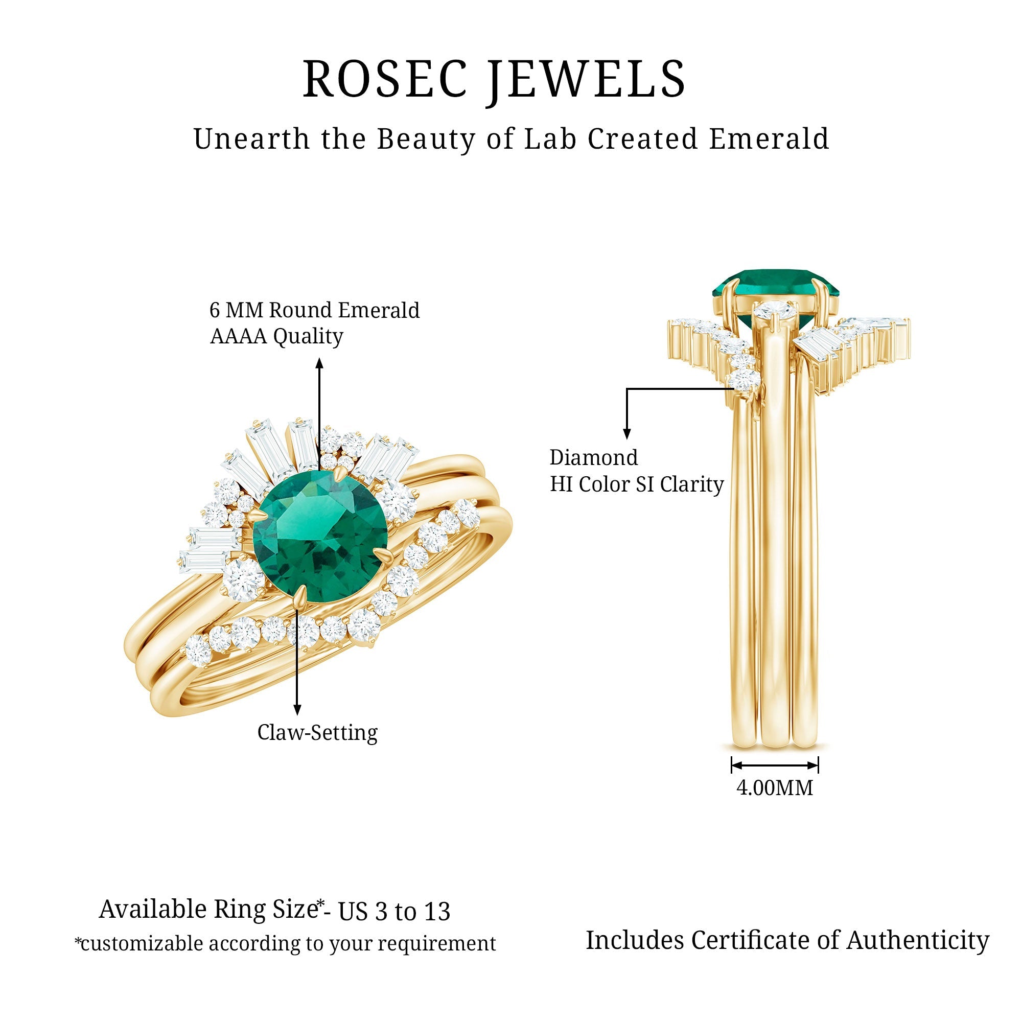 Vintage Inspired Lab Grown Emerald Diamond Wedding Bridal Ring Set of 3