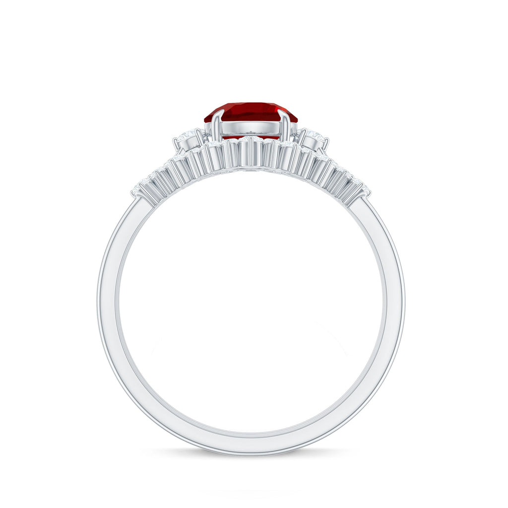 Vintage Inspired Lab Ruby and Diamond Trio Wedding Ring Set