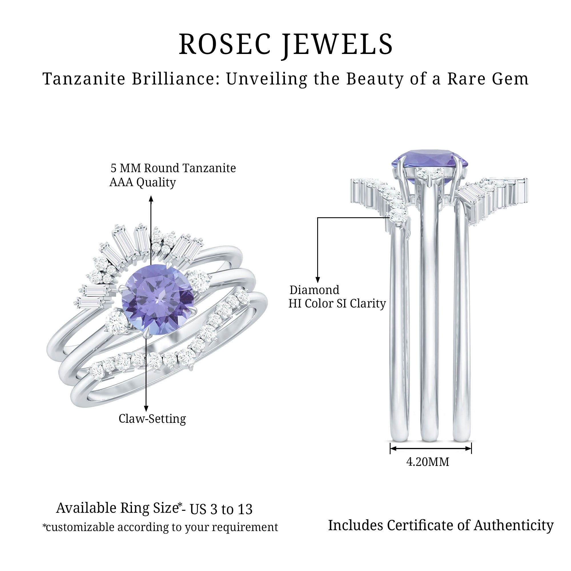 Vintage Style Tanzanite 3 Piece Bridal Ring Set with Diamond Enhancers