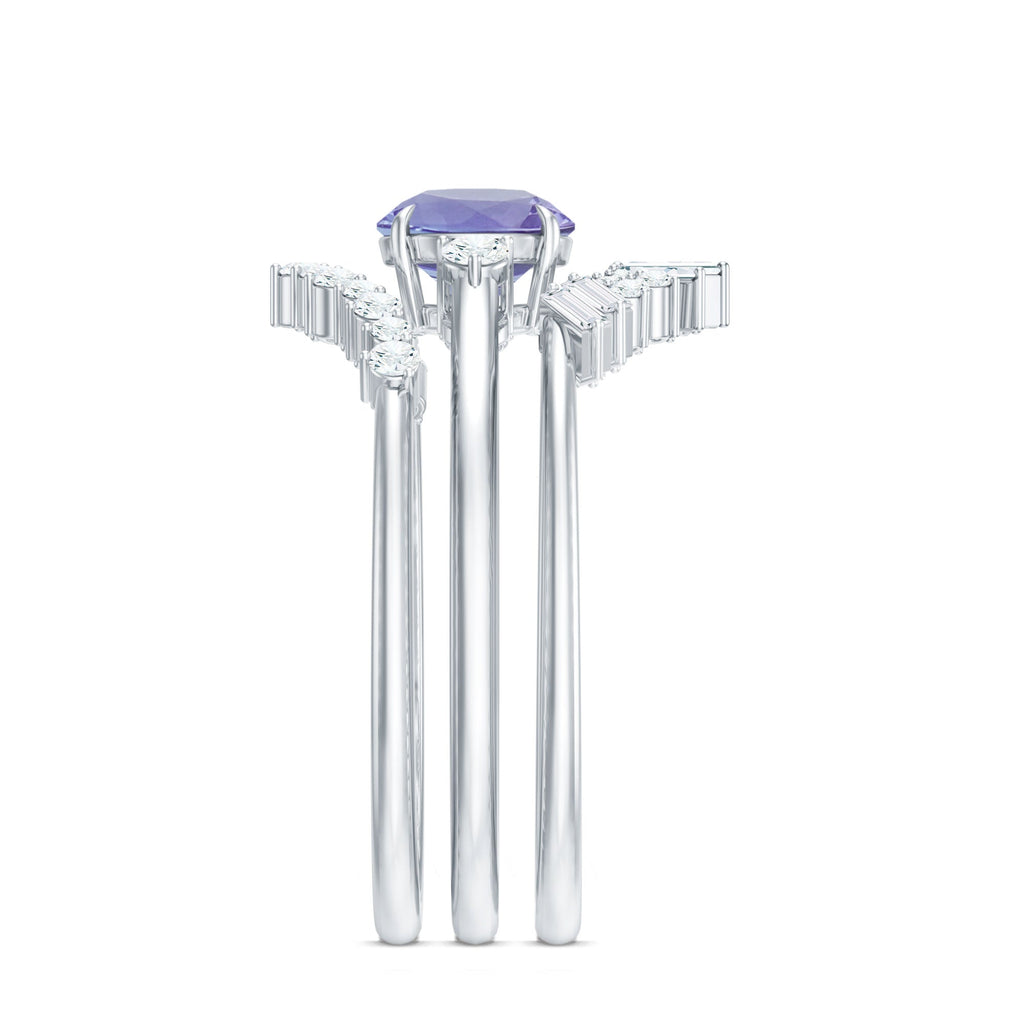 Vintage Style Tanzanite 3 Piece Bridal Ring Set with Diamond Enhancers