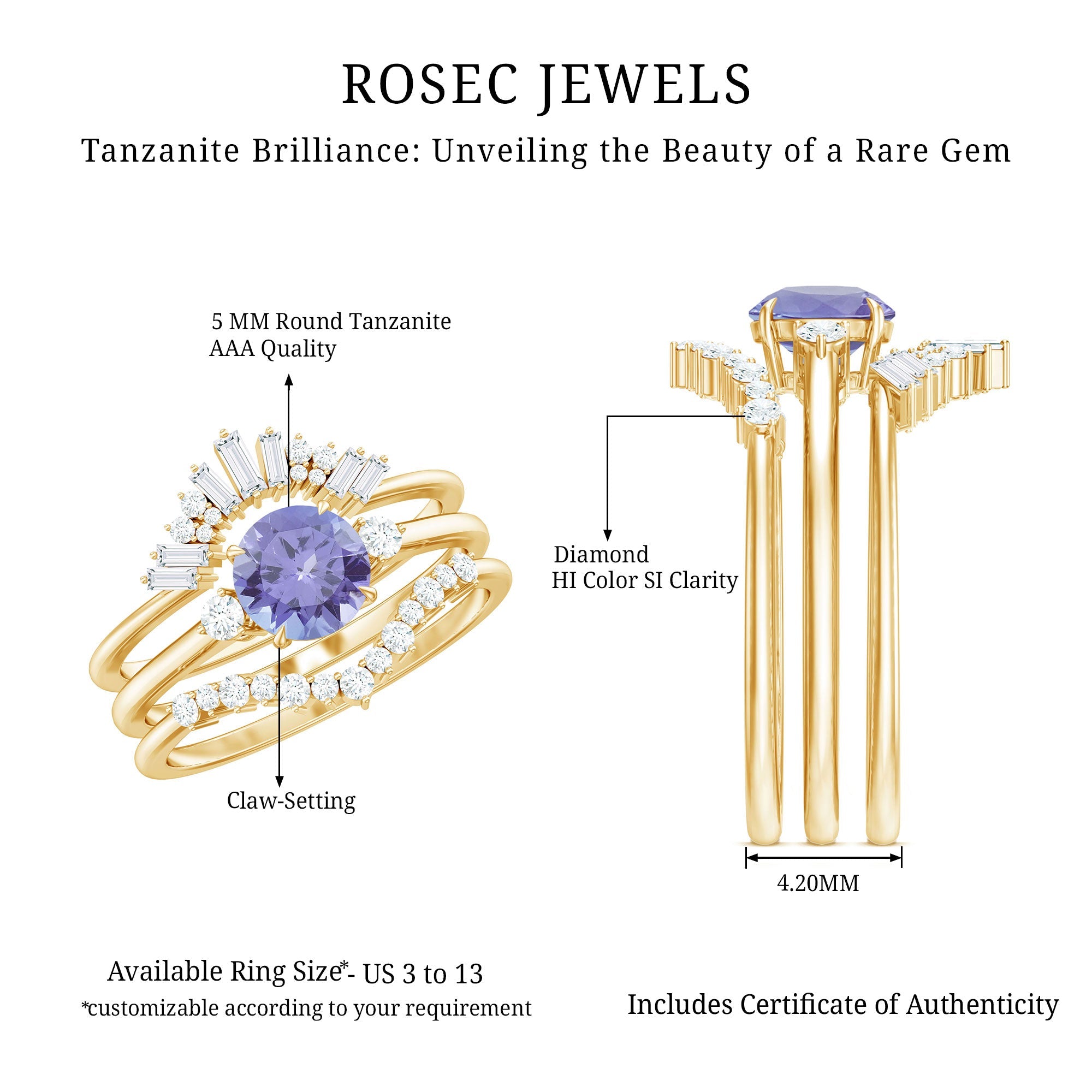 Vintage Style Tanzanite 3 Piece Bridal Ring Set with Diamond Enhancers