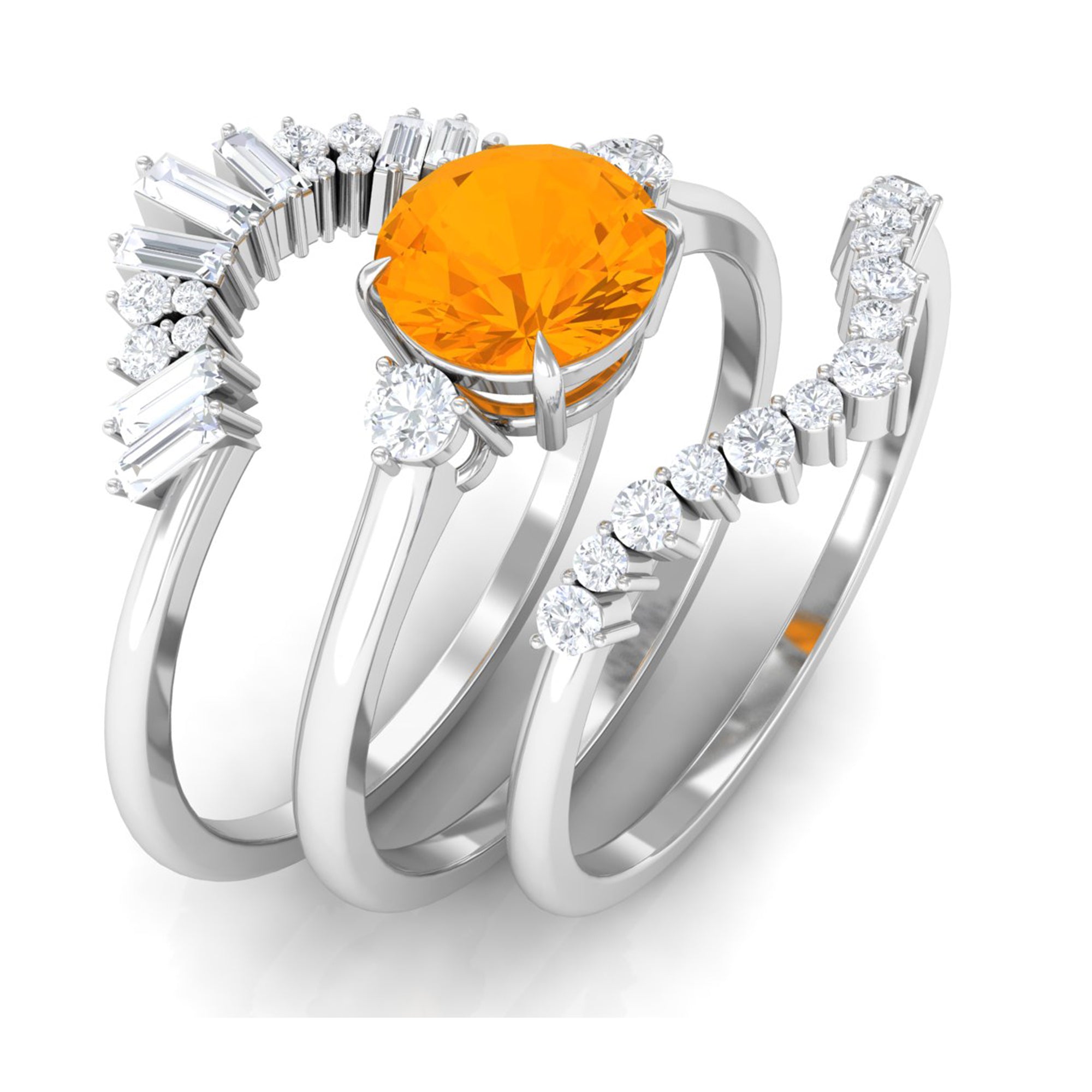 Fire Opal Designer Trio Wedding Ring Set with Moissanite