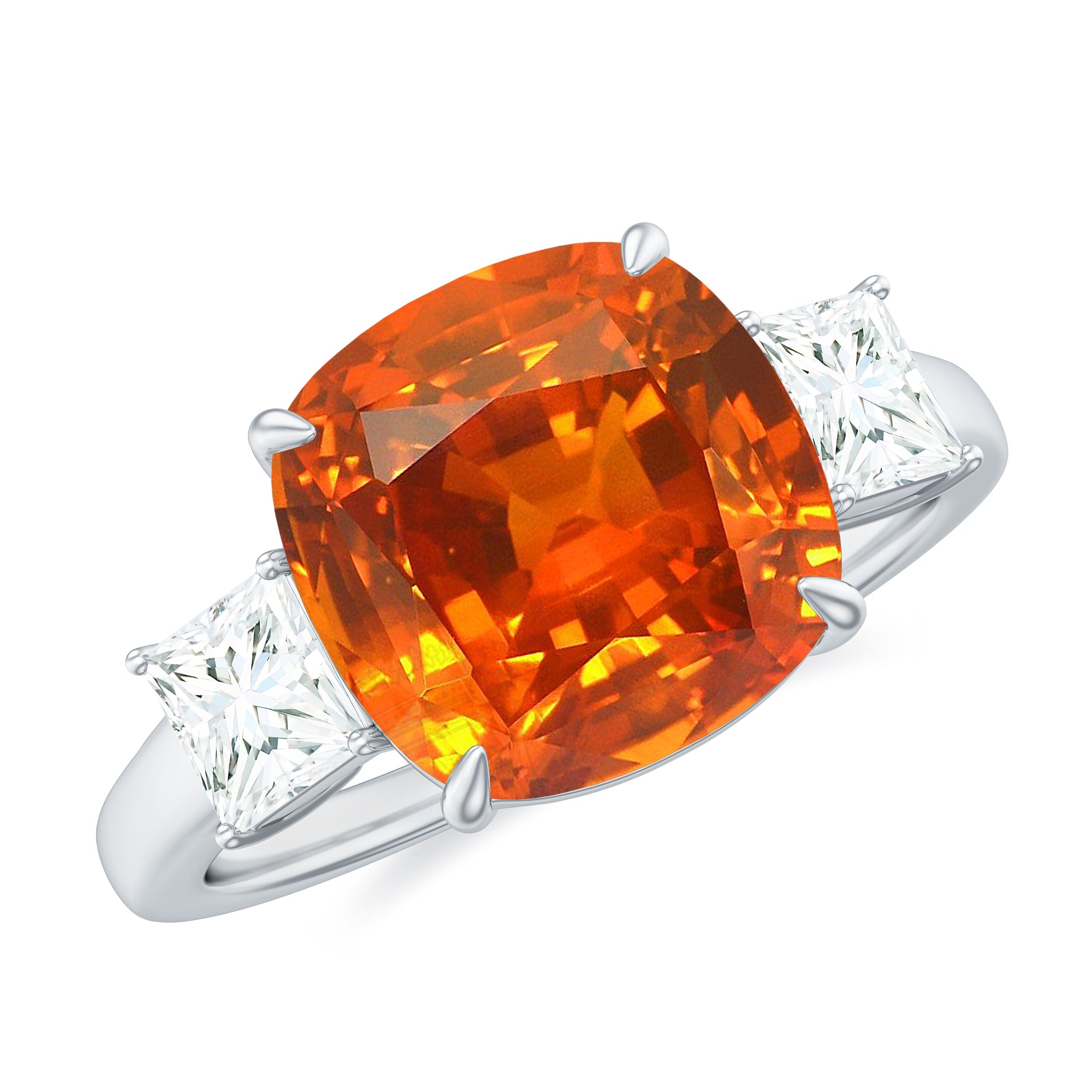 9 Carat Cushion Cut Lab Grown Orange Sapphire 3 Stone Engagement Ring
