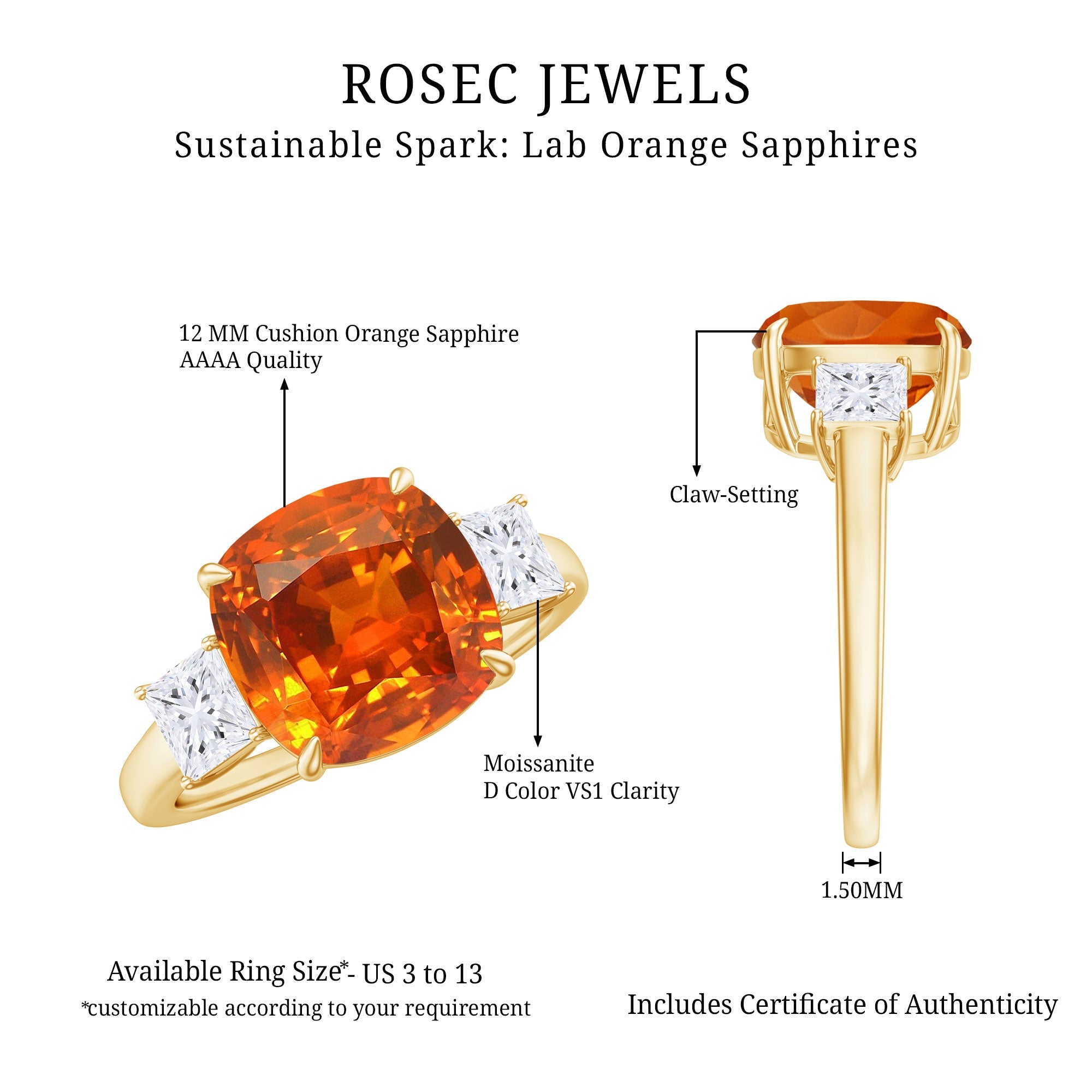 9 Carat Cushion Cut Lab Grown Orange Sapphire 3 Stone Engagement Ring