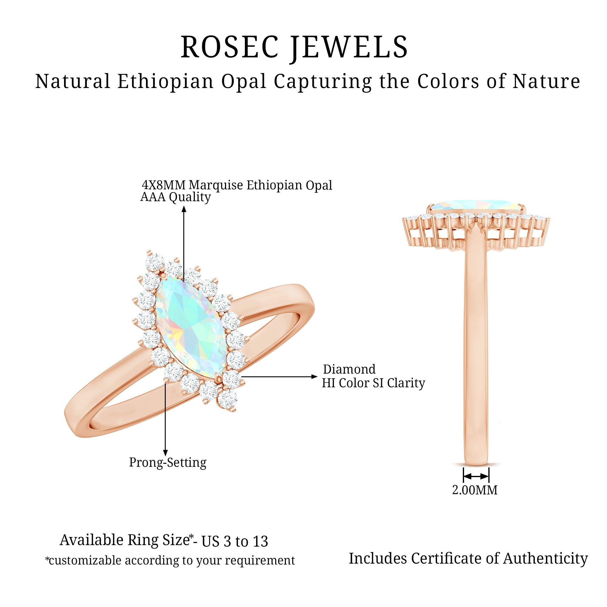 0.5 Carat Ethiopian Opal Marquise Cut Engagement Ring with Diamond Halo