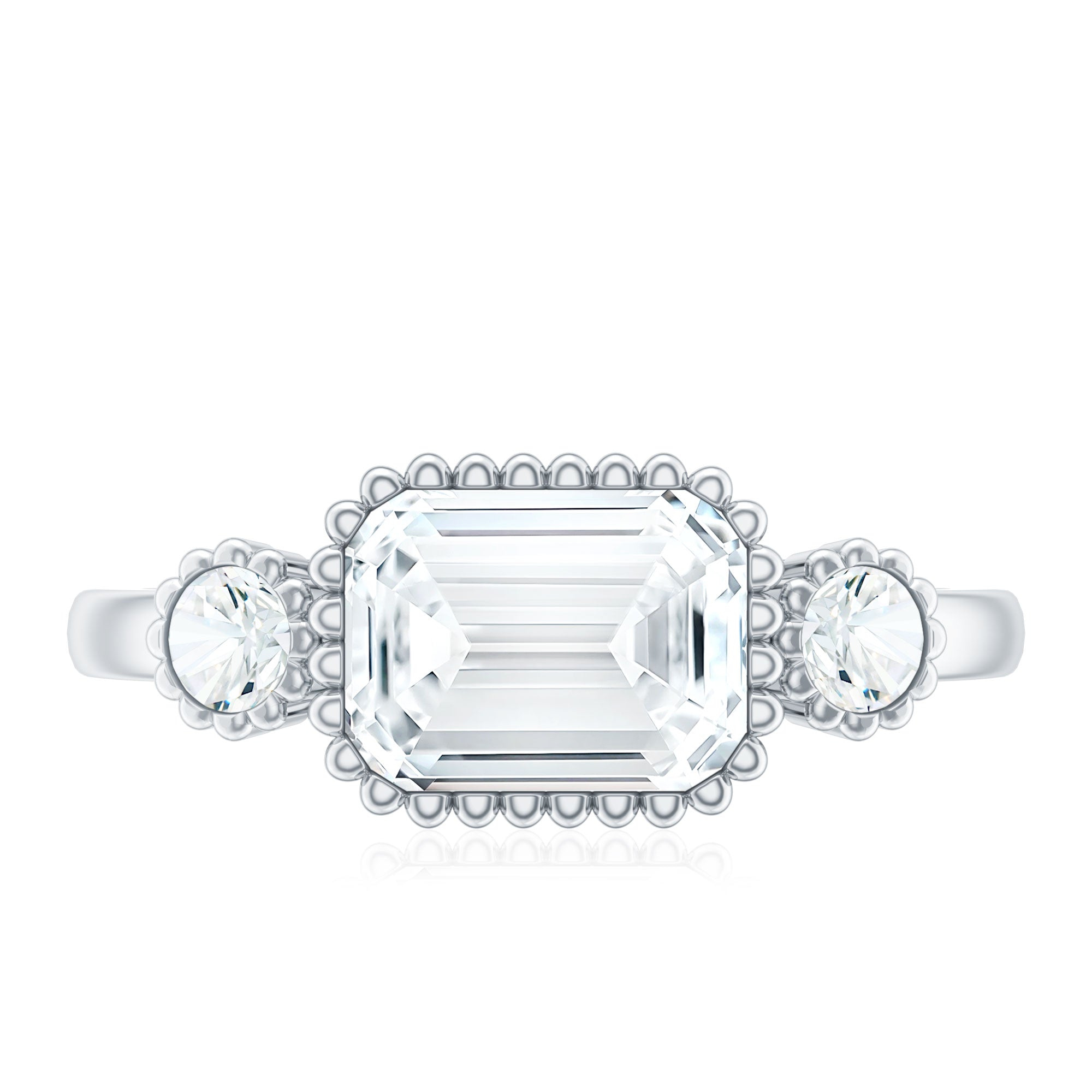 Emerald Cut Moissanite 3 Stone Engagement Ring in East West Style