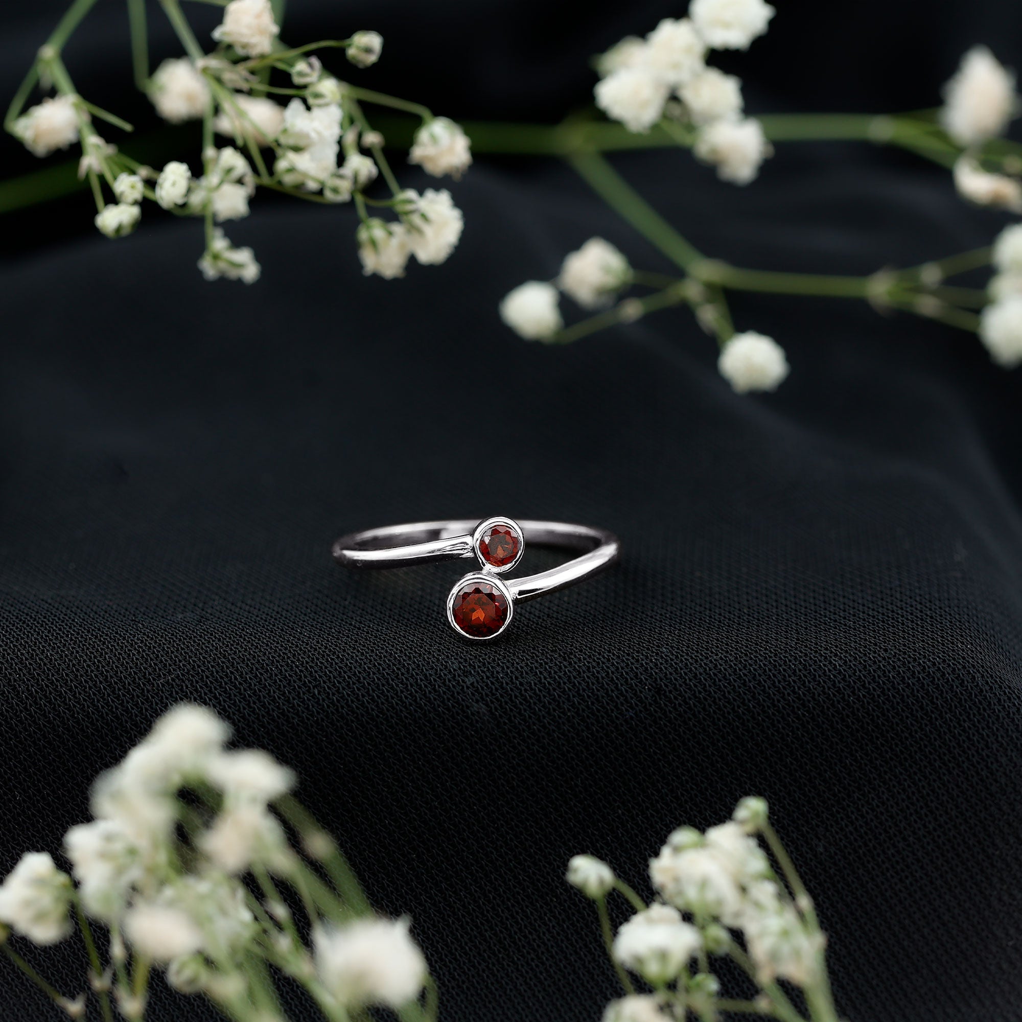 Natural Garnet 2 Stone Promise Ring with Bypass Shank