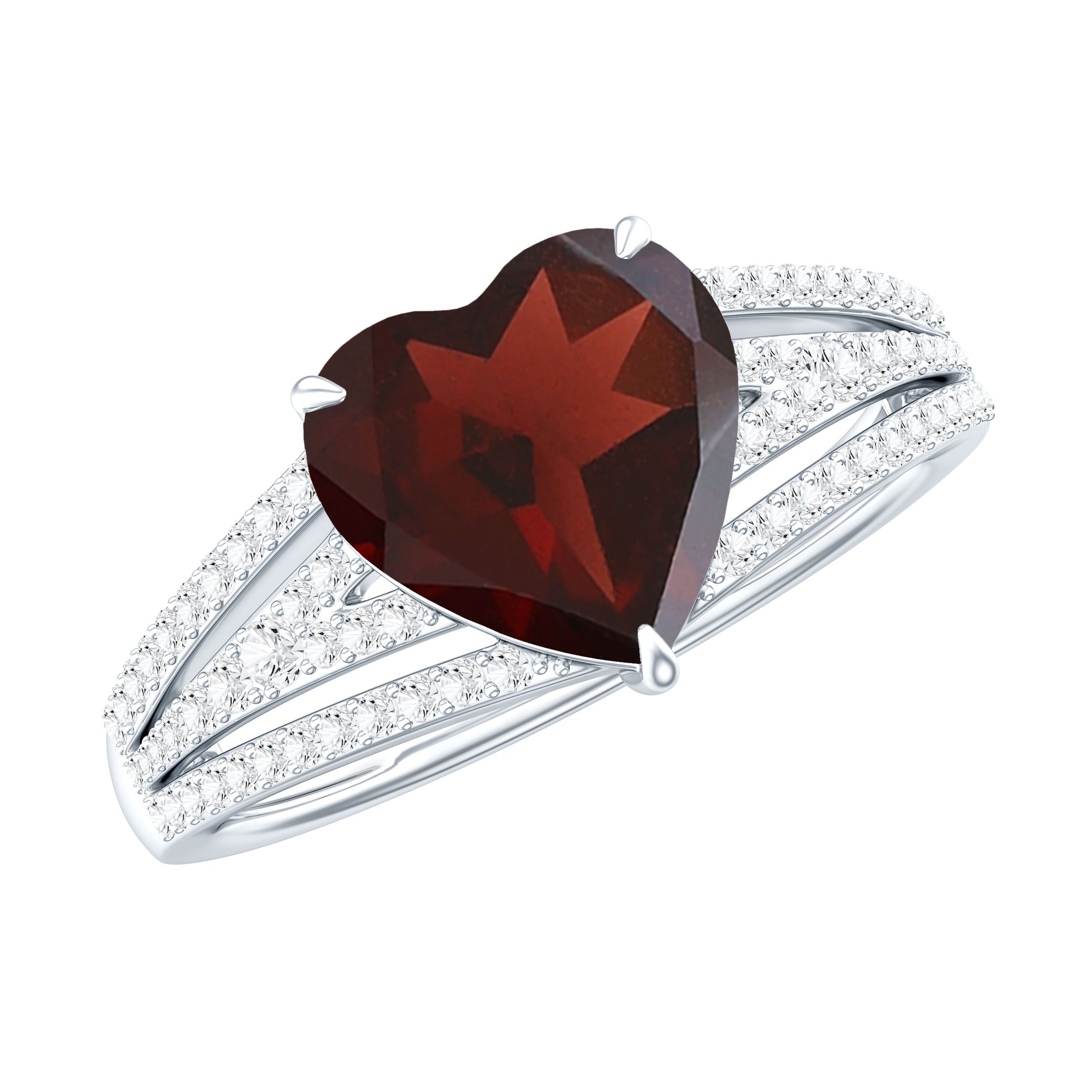 Natural 8mm Garnet Heart Engagement Ring with Diamond Split Shank