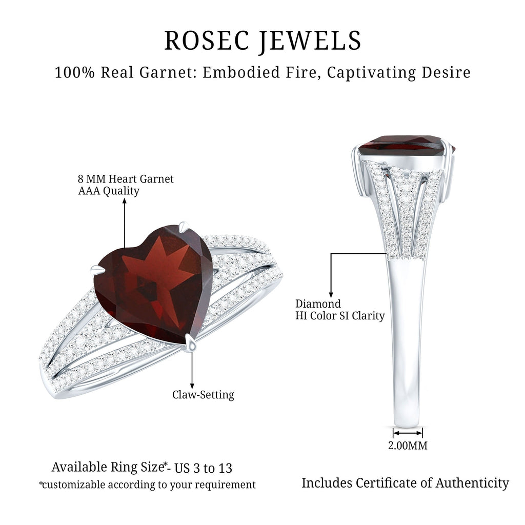 Natural 8mm Garnet Heart Engagement Ring with Diamond Split Shank