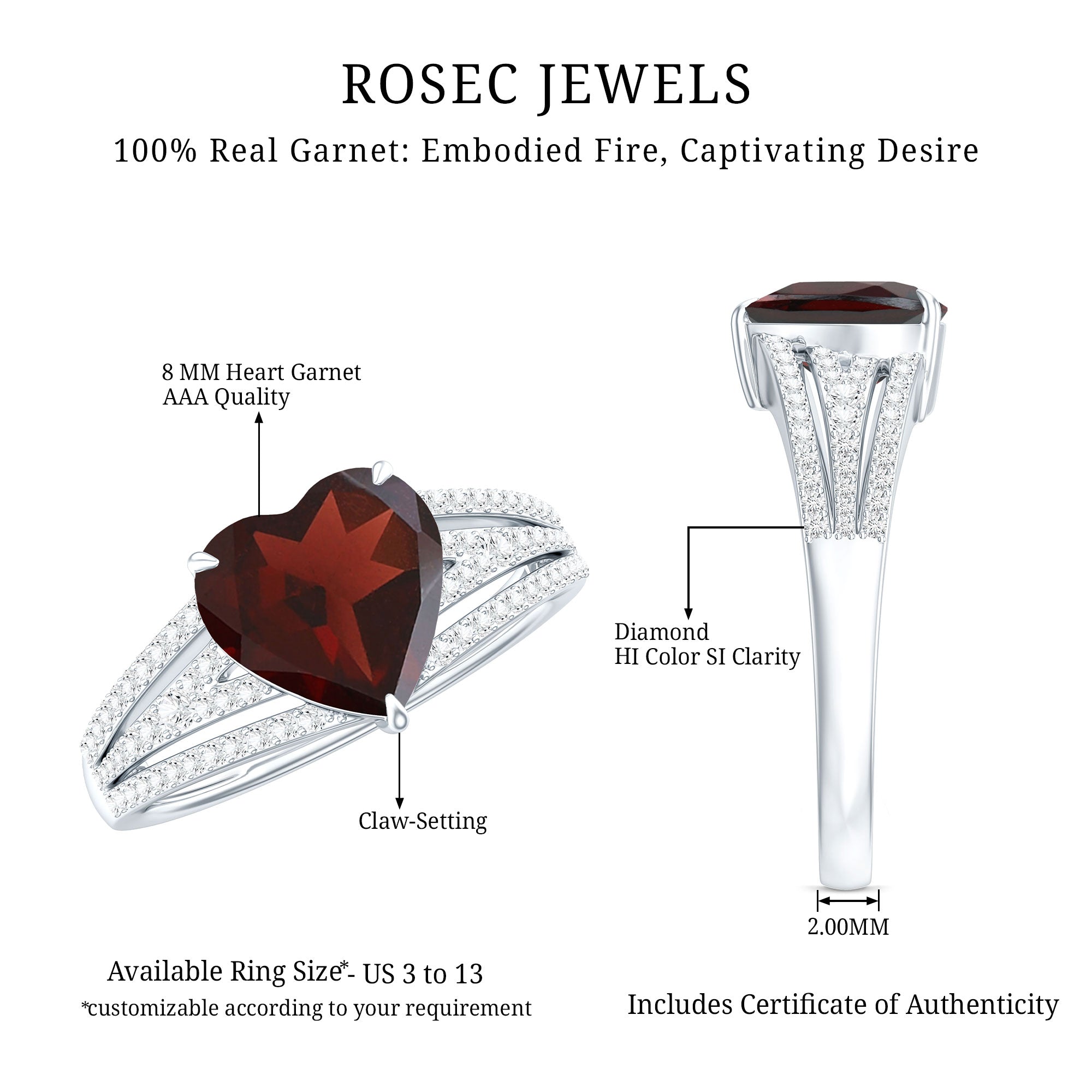 Natural 8mm Garnet Heart Engagement Ring with Diamond Split Shank