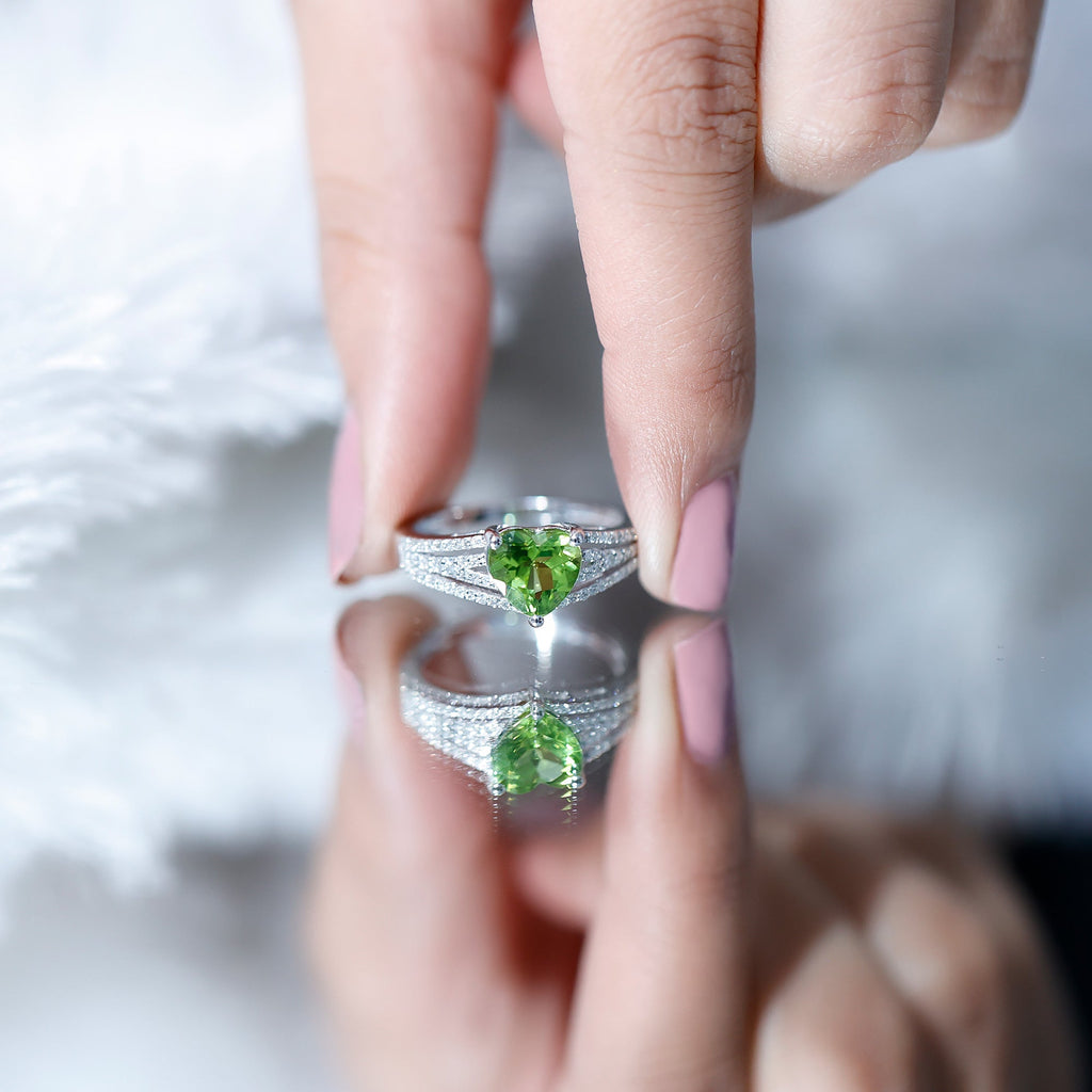 Natural 2 Carat Peridot Heart Engagement Ring with Diamond