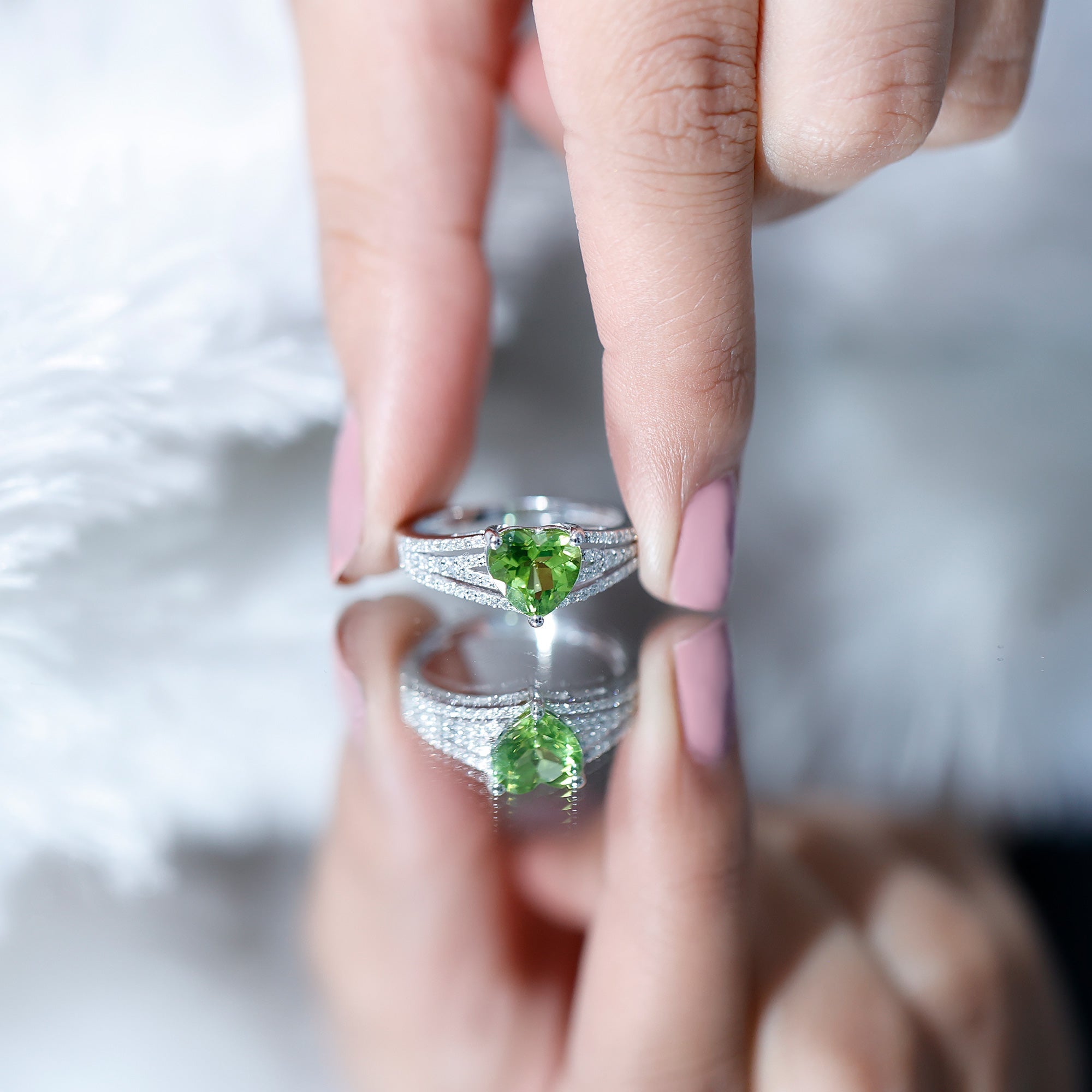 Natural 2 Carat Peridot Heart Engagement Ring with Diamond
