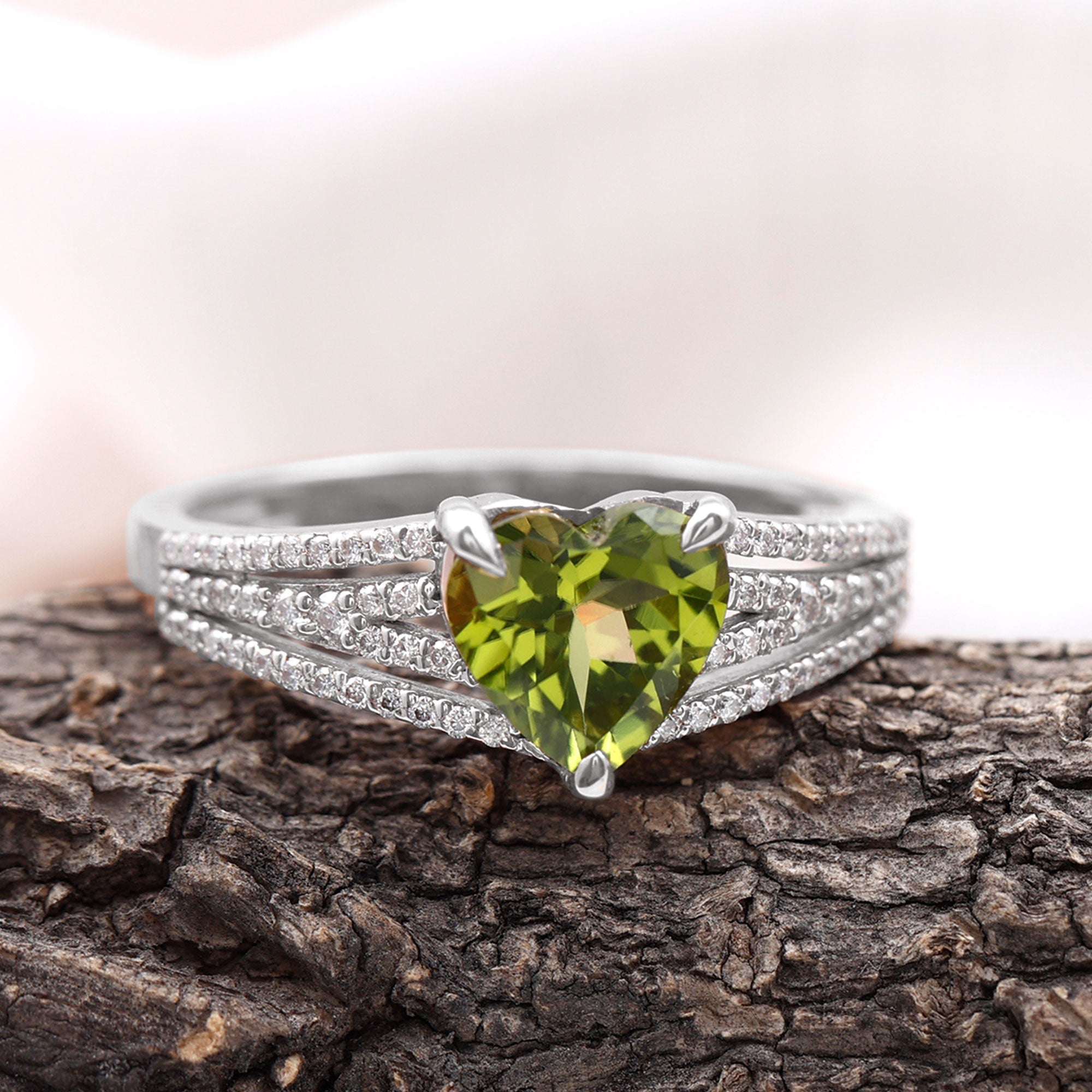 Natural 2 Carat Peridot Heart Engagement Ring with Diamond