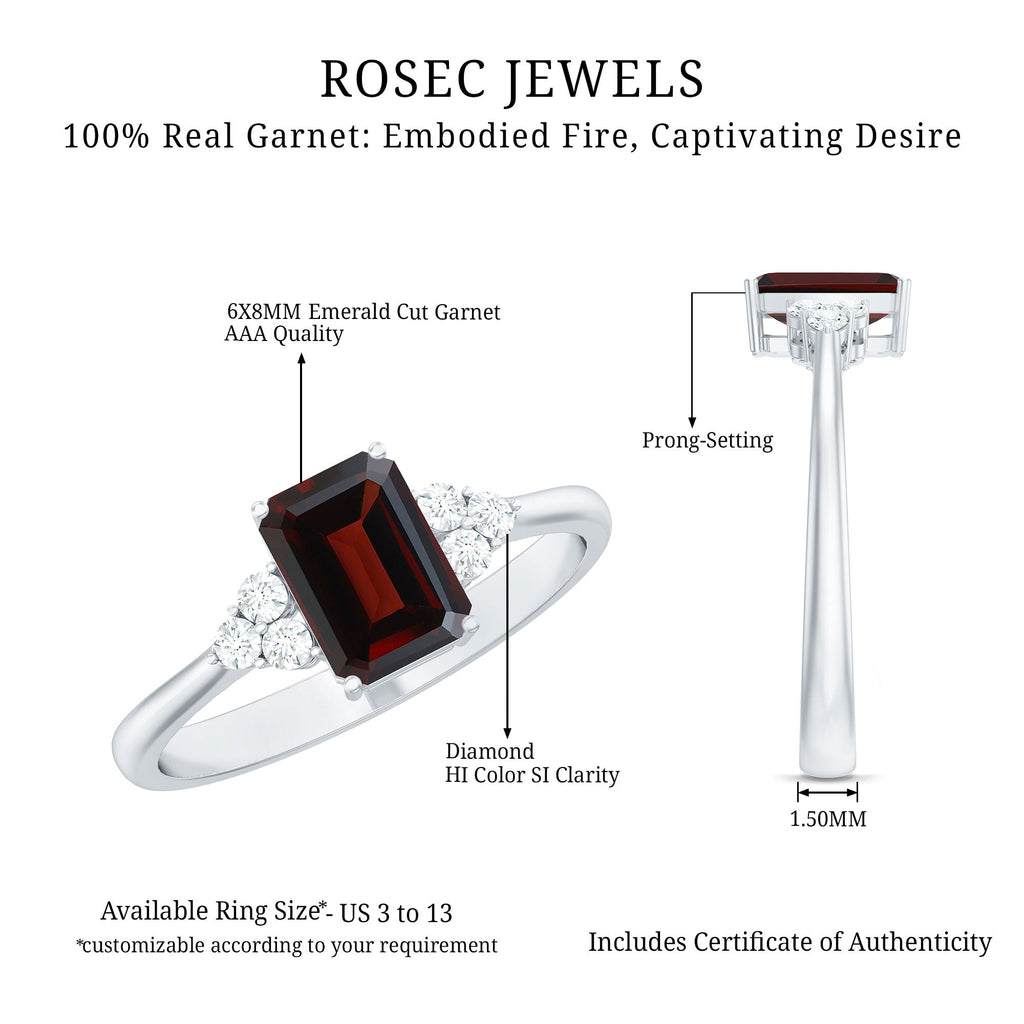 Natural Garnet Emerald Cut Engagement Ring with Diamond Trio