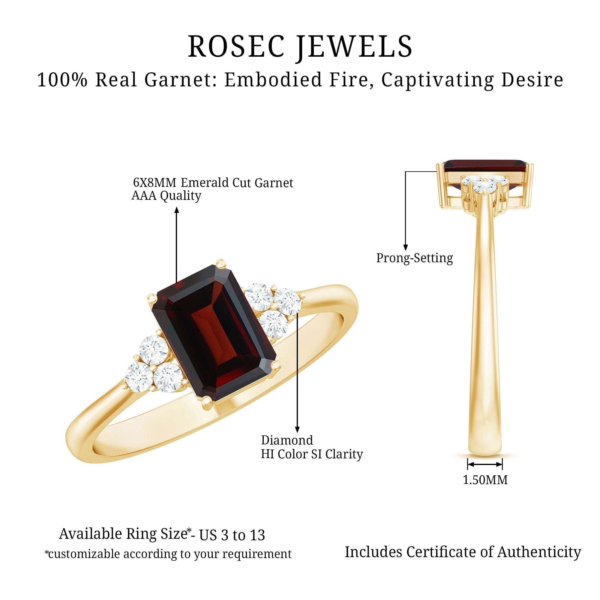 Natural Garnet Emerald Cut Engagement Ring with Diamond Trio