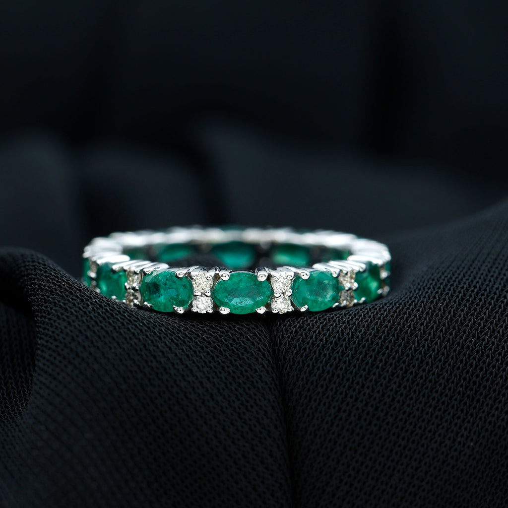 Oval Cut Real Emerald Eternity Band Ring with Diamond
