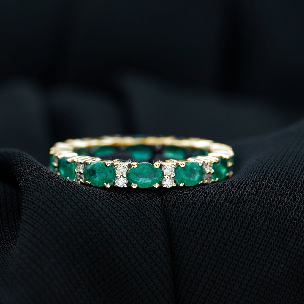 Oval Cut Real Emerald Eternity Band Ring with Diamond