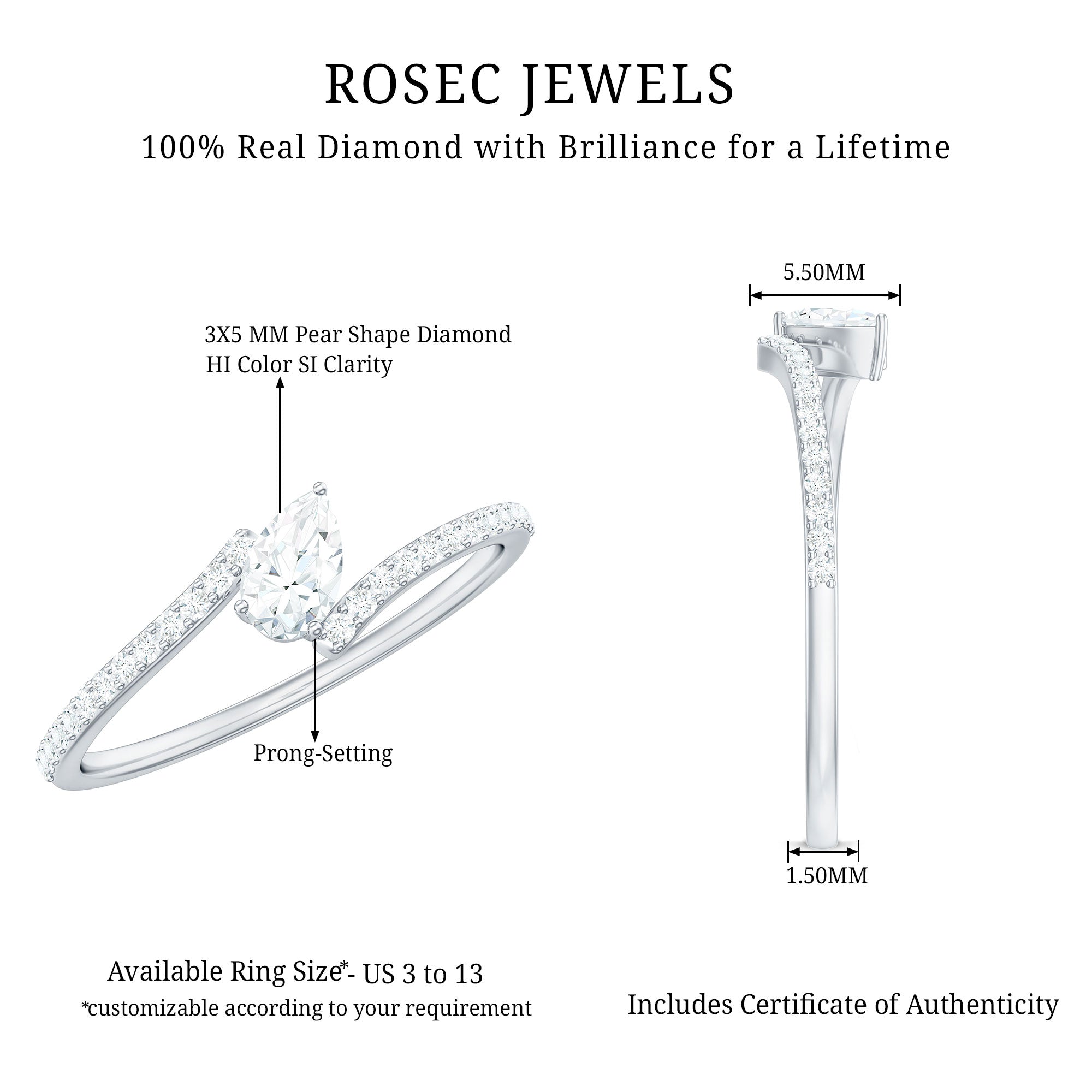 Certified Natural Diamond Promise Ring with Bypass Shank