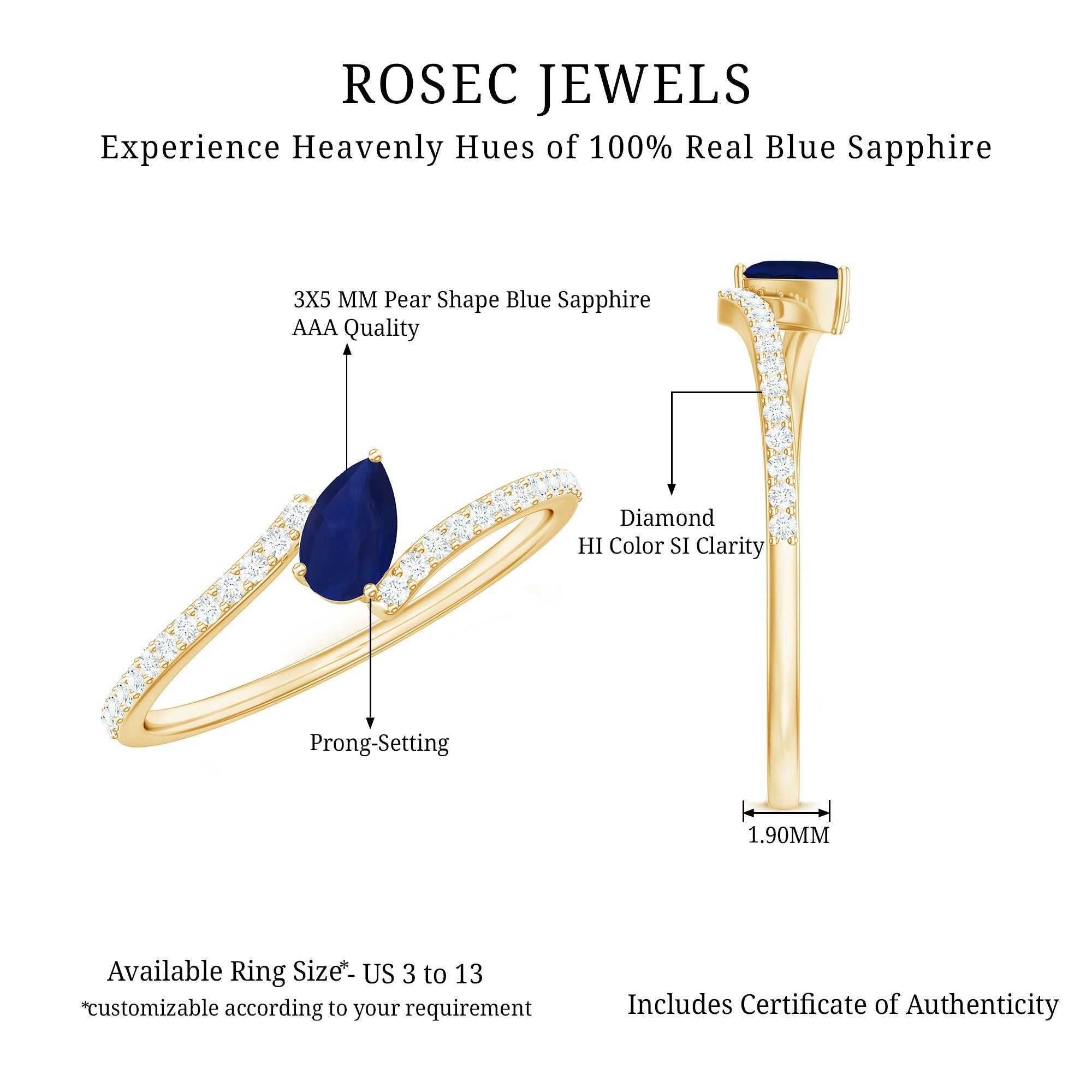 Tilted Pear Shaped Blue Sapphire Bypass Promise Ring with Diamond