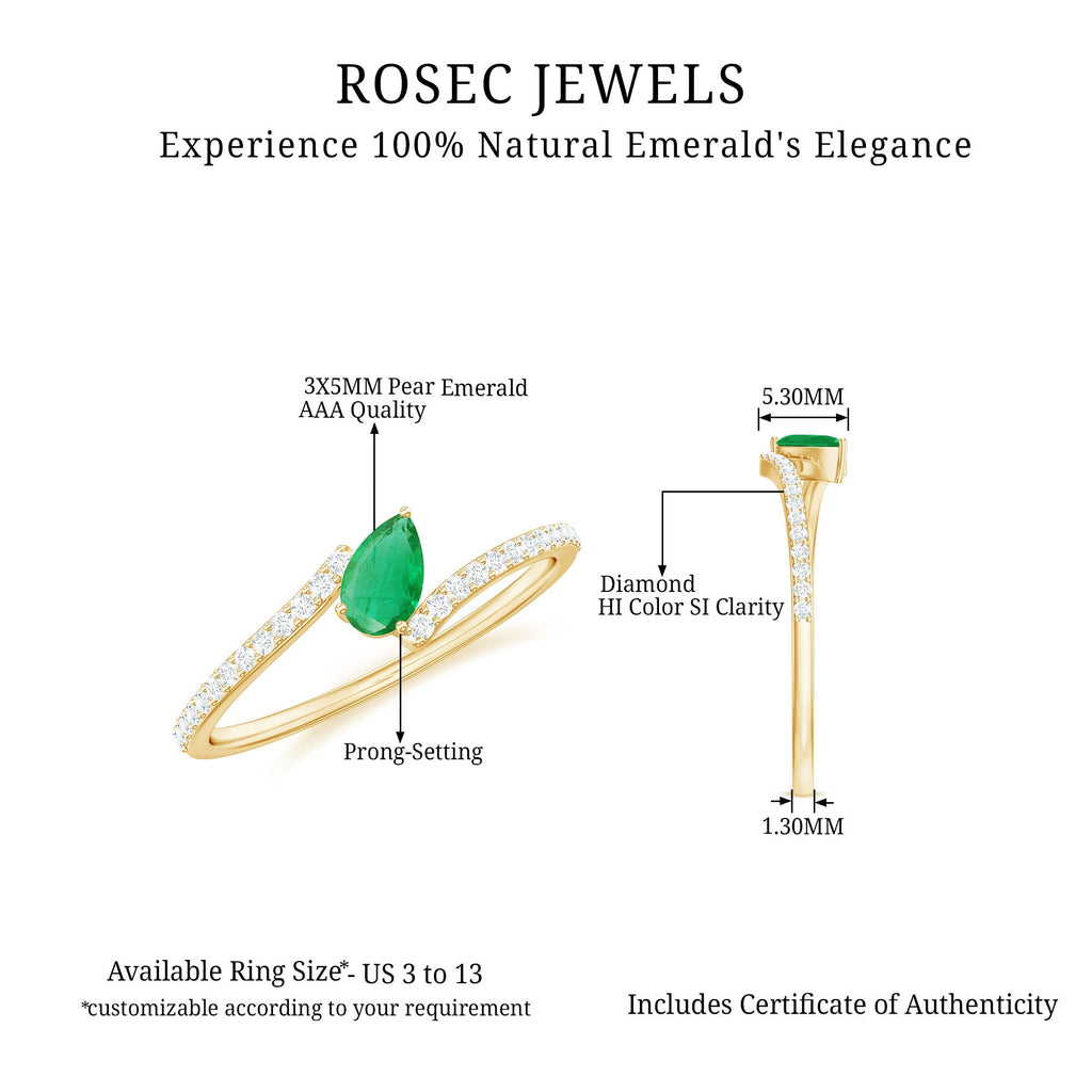 Pear Shaped Emerald and Diamond Promise Ring in Bypass Shank