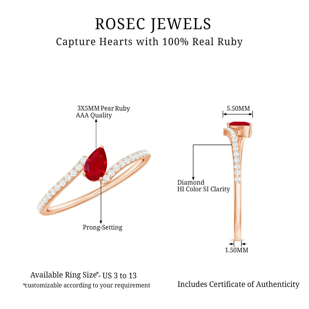 Tilted Pear Shape Ruby and Diamond Bypass Promise Ring