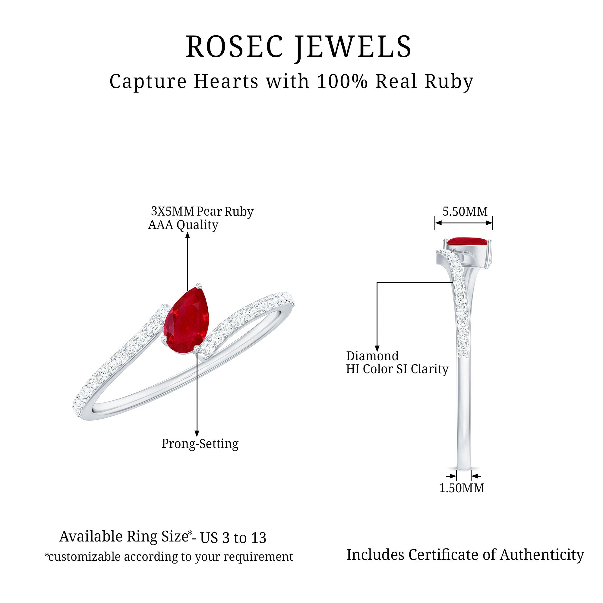 Tilted Pear Shape Ruby and Diamond Bypass Promise Ring